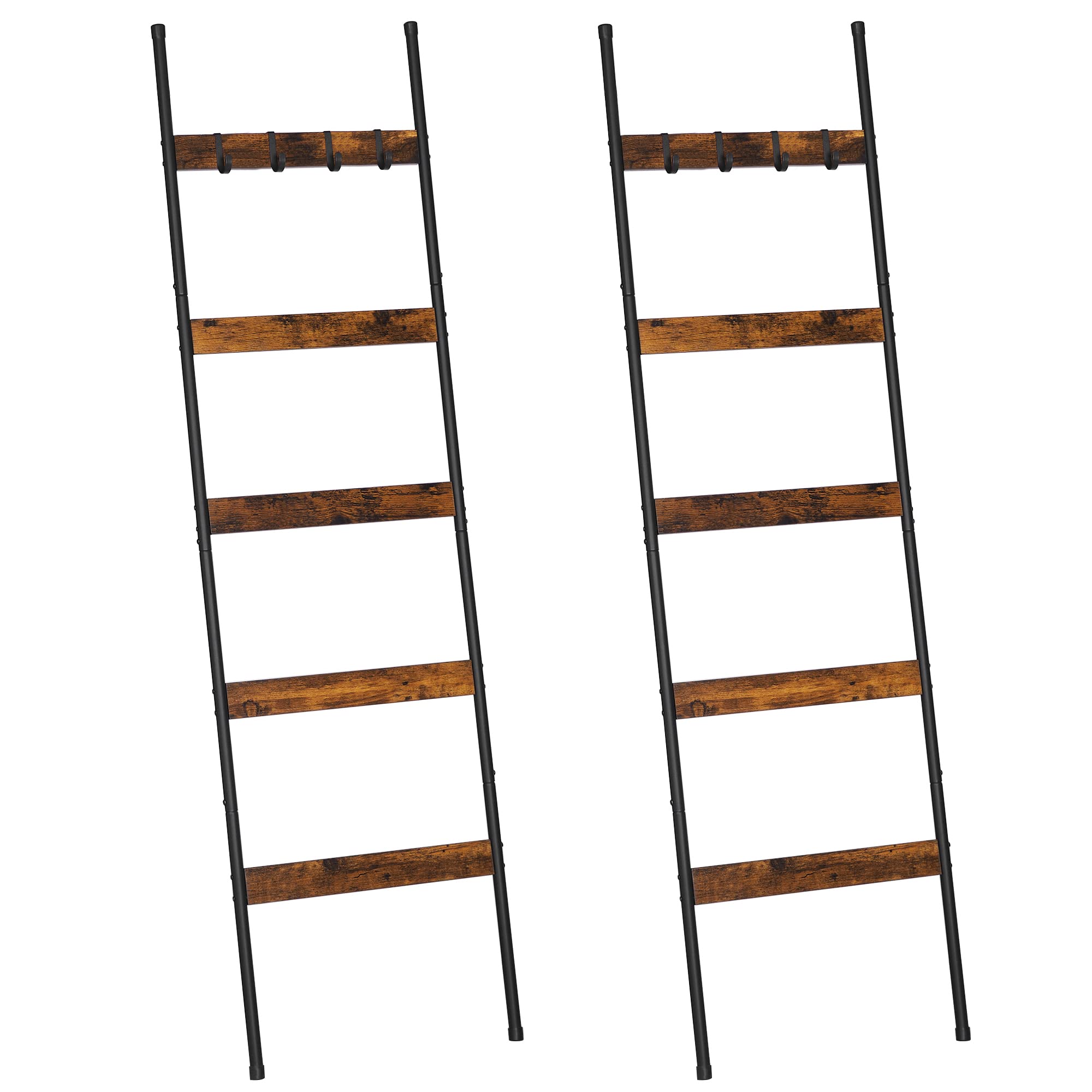 Elyken 2 Pack Blanket Ladder For Living Room, Farmhouse 5 -Tier Quilt Holder With 4 Removable Hooks For Bathroom, Wood Towel Rac