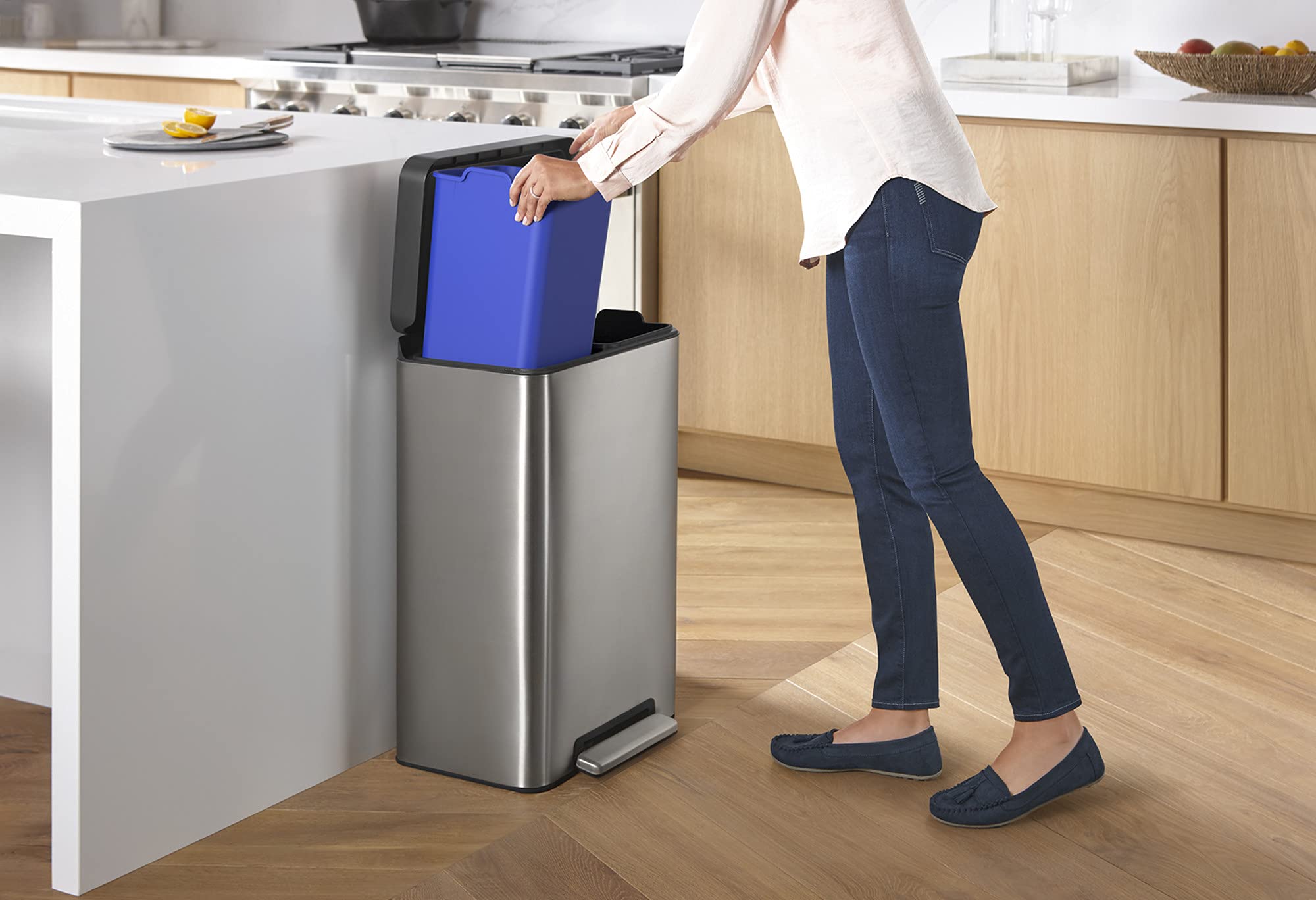 Kohler 20956-St 11 Gallon Hands-Free Dual Compartment Recycling Kitchen Step, Trash Can With Foot Pedal, Quiet-Close Lid, Stainl