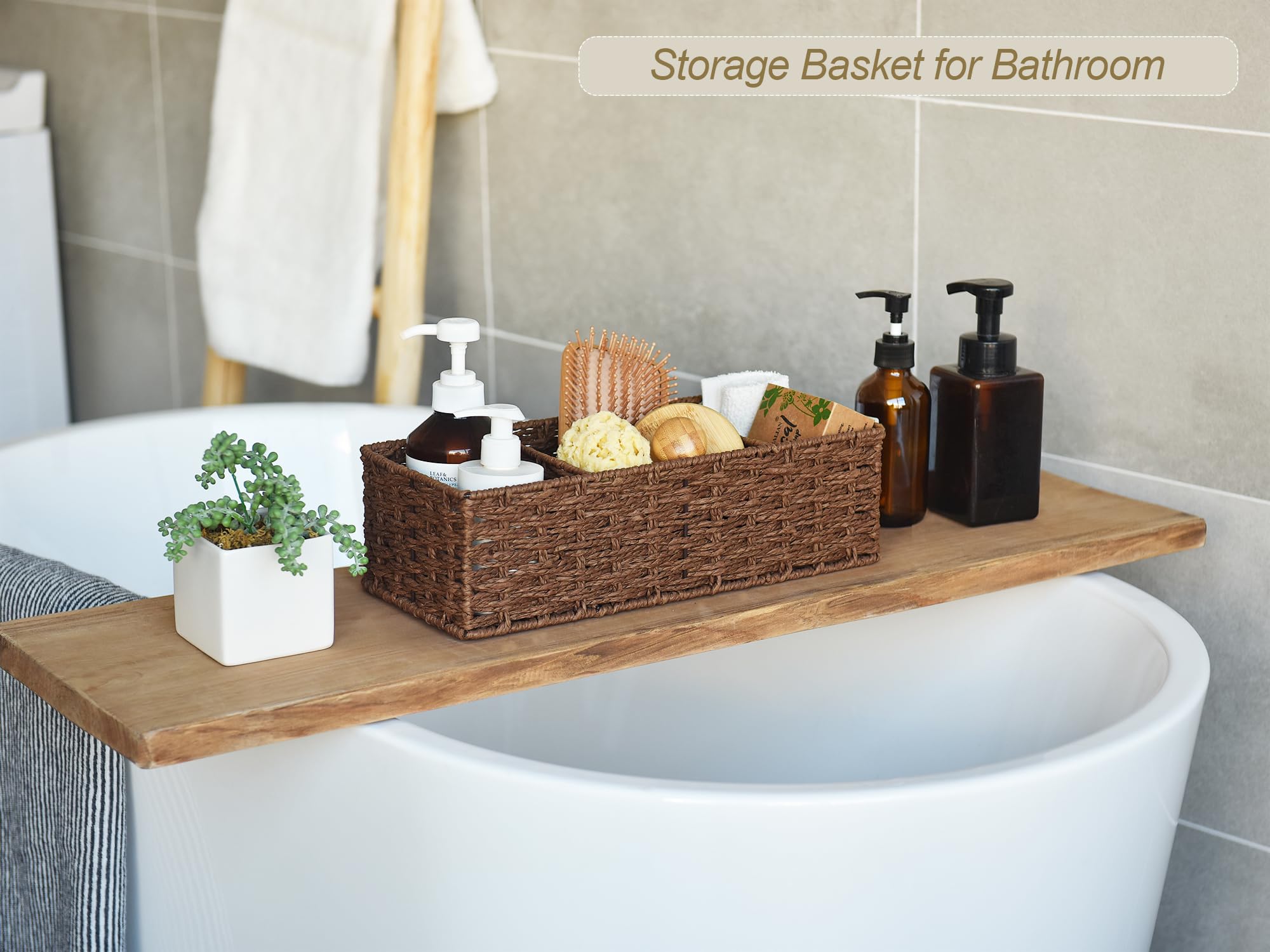 StorageWorks 3-Section Wicker Baskets for Shelves  Hand-Woven Round Paper Rope Storage Baskets  Walnut  2-Pack