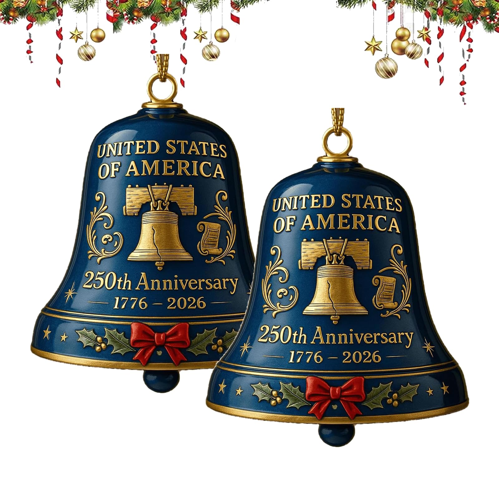 USA 250th Anniversary Bell Ornament Red & Gold Commemorative Hanging Decor, Christmas Ornament for Patriotic Holidays, Xmas Tree