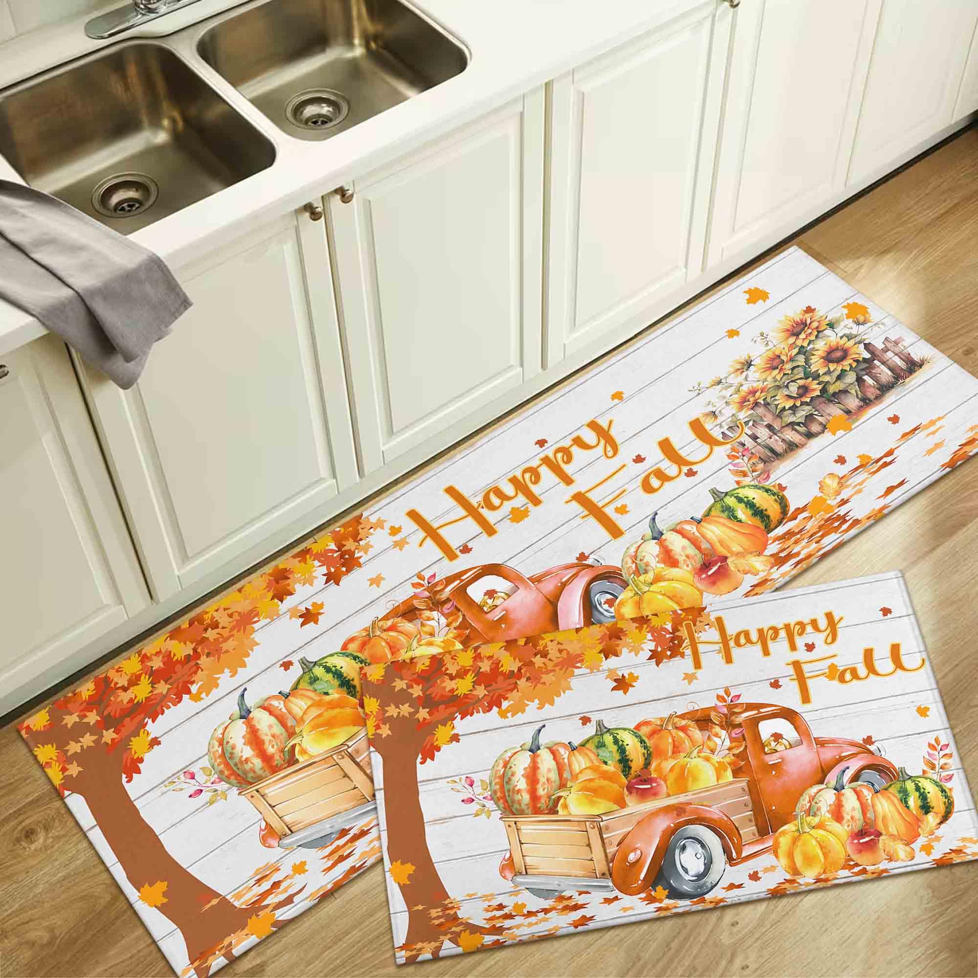 Noulmea Buffalo Plaid Pumpkin Fall Kitchen Rugs Set of 2,Thanksgiving Autumn Pumpkin Front Door Mat Floor Rug for Fall Home Holi