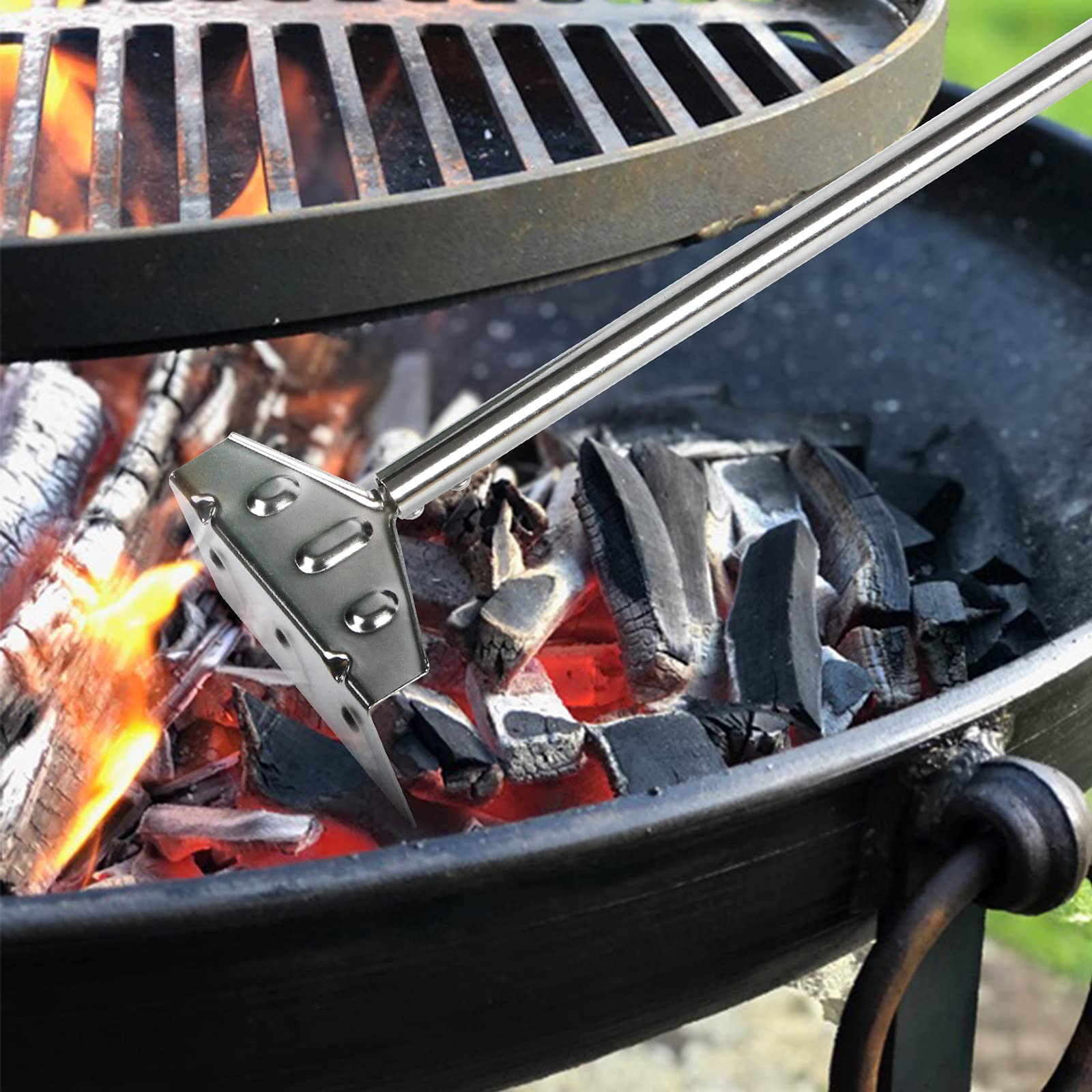 Mydracas Heavy Duty Charcoal Grill Rake Grill Ash Tool Accessories with Rubber Handle  Charcoal Kettle Grill Pizza Oven Ash Rake -32 inch