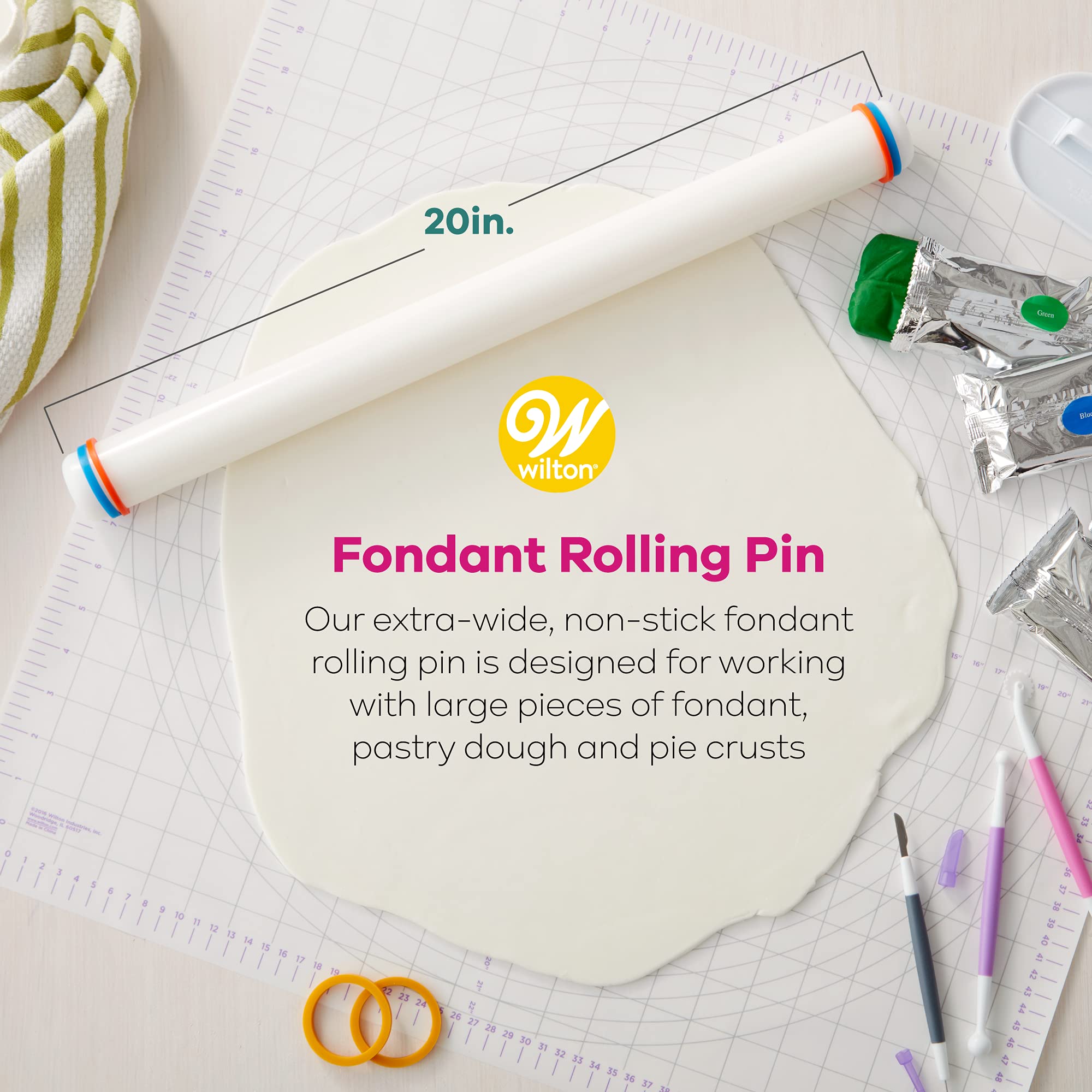 Wilton Large Fondant Rolling Pin with Guide Rings - Fondant Roller Ideal for Rolling Large Amounts of Fondant on Tiered Cakes  20-Inch