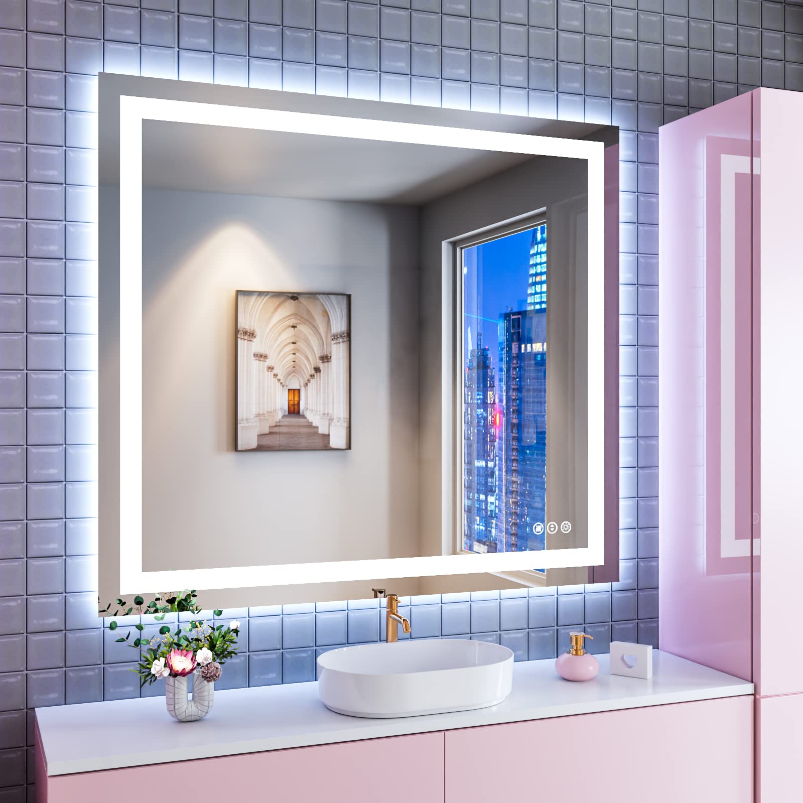 Amorho LED Bathroom Mirror 40''x 36'' with Front and Backlit  Stepless Dimmable Wall Mirrors with Anti-Fog  Shatter-Proof  Memory  3 Colors  Double LED Vanity Mirror (Horizontal/Vertical)