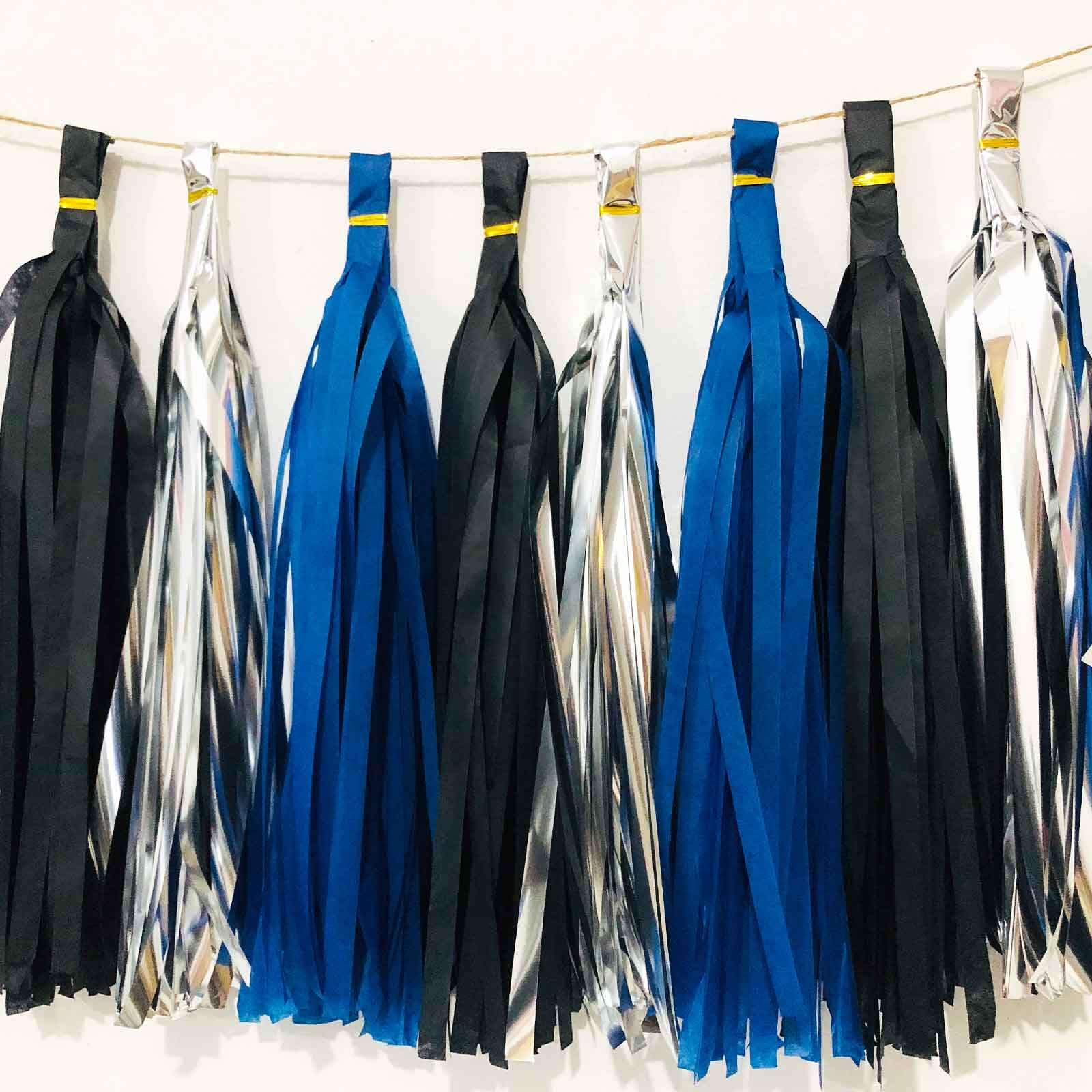 We Moment Black Navy Blue and Silvery Tissue Paper Tassels Party Tassel Garland Banner for Black Blue Party Decorations, DIY Kit