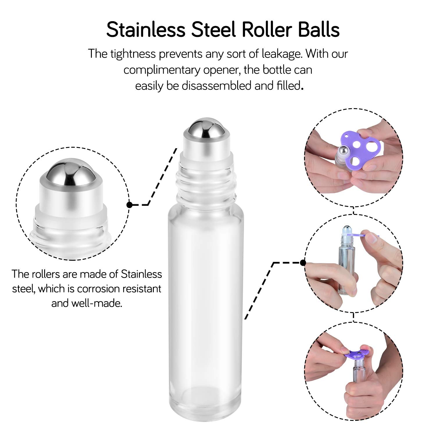 Prettycare Essential Oil Roller Bottles 10Ml (Clear Glass Bottle 24 Pack, 4 Extra Roller Balls,48 Labels, 2 Openers, 2 Funnels R