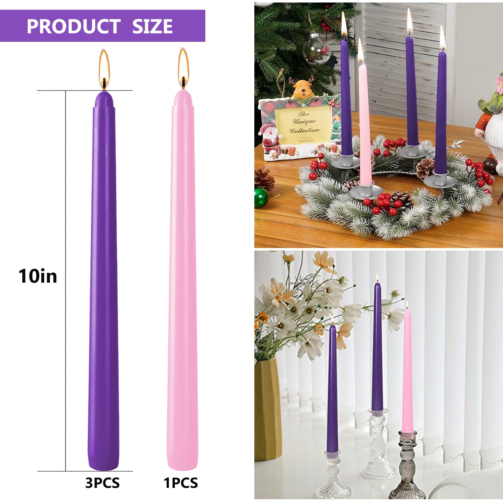 CLCYICEN 4 Pack Christmas 10in Unscented Advent Candles for Seasonal Celebrations, Holidays, Church, Celebration, Party