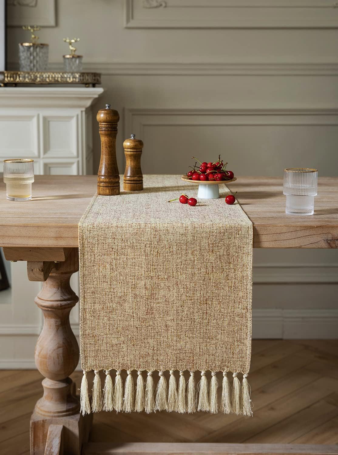 ZeeMart Beige Table Runners 108 Inches Long  Burlap Linen Style Rustic Farmhouse Table Runner  Long Boho Dining Table Runner  13x108 Inches  Oatmeal Beige