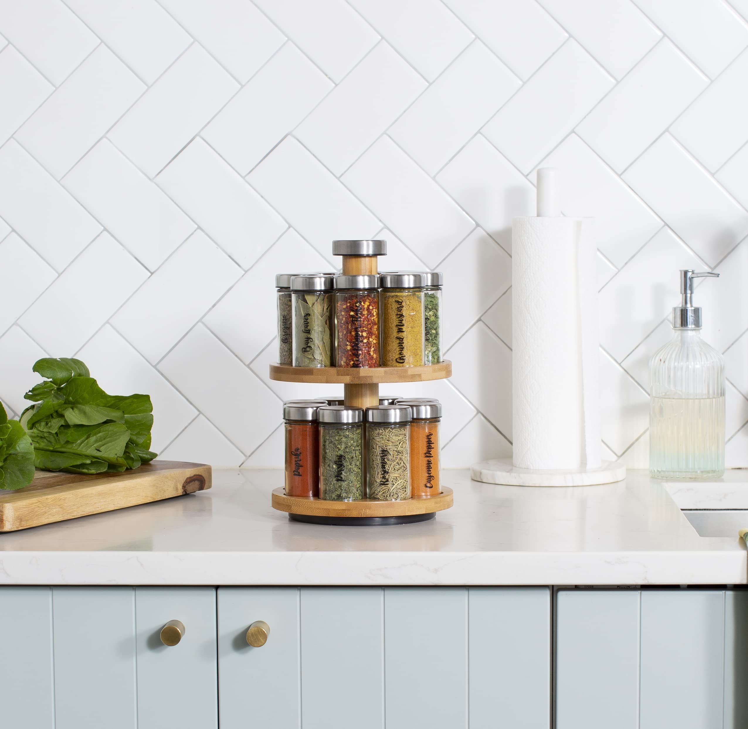 Orii 16 Jar Spice Rack with Spices Included - Rotating Countertop 2 Tier Tower Organizer for Kitchen Spices and Seasonings, Free