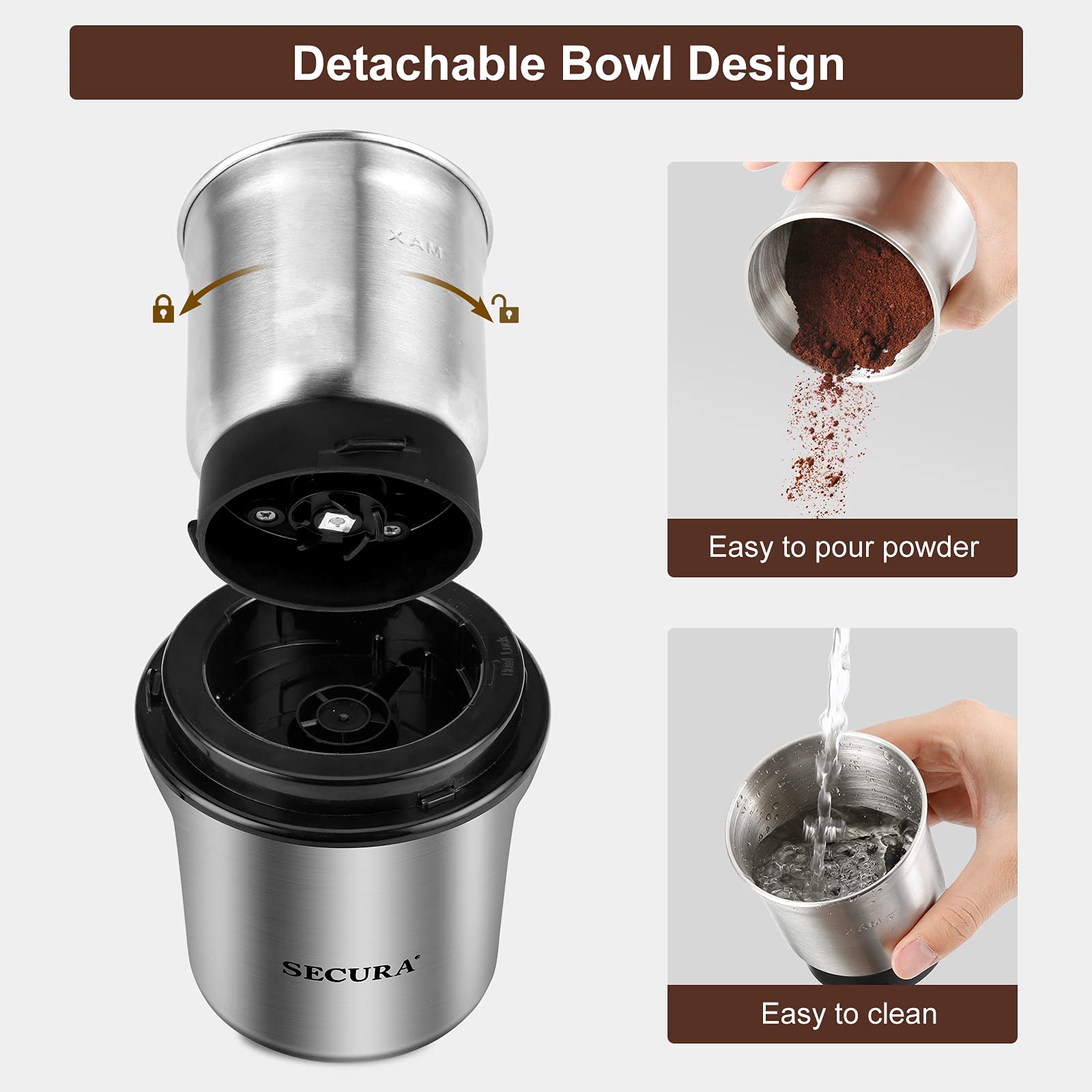 Secura Coffee Grinder Electric  2.5oz/75g Large Capacity Spice Grinder Electric  Coffee Bean Grinder with 1 Stainless Steel Blades Removable Bowl