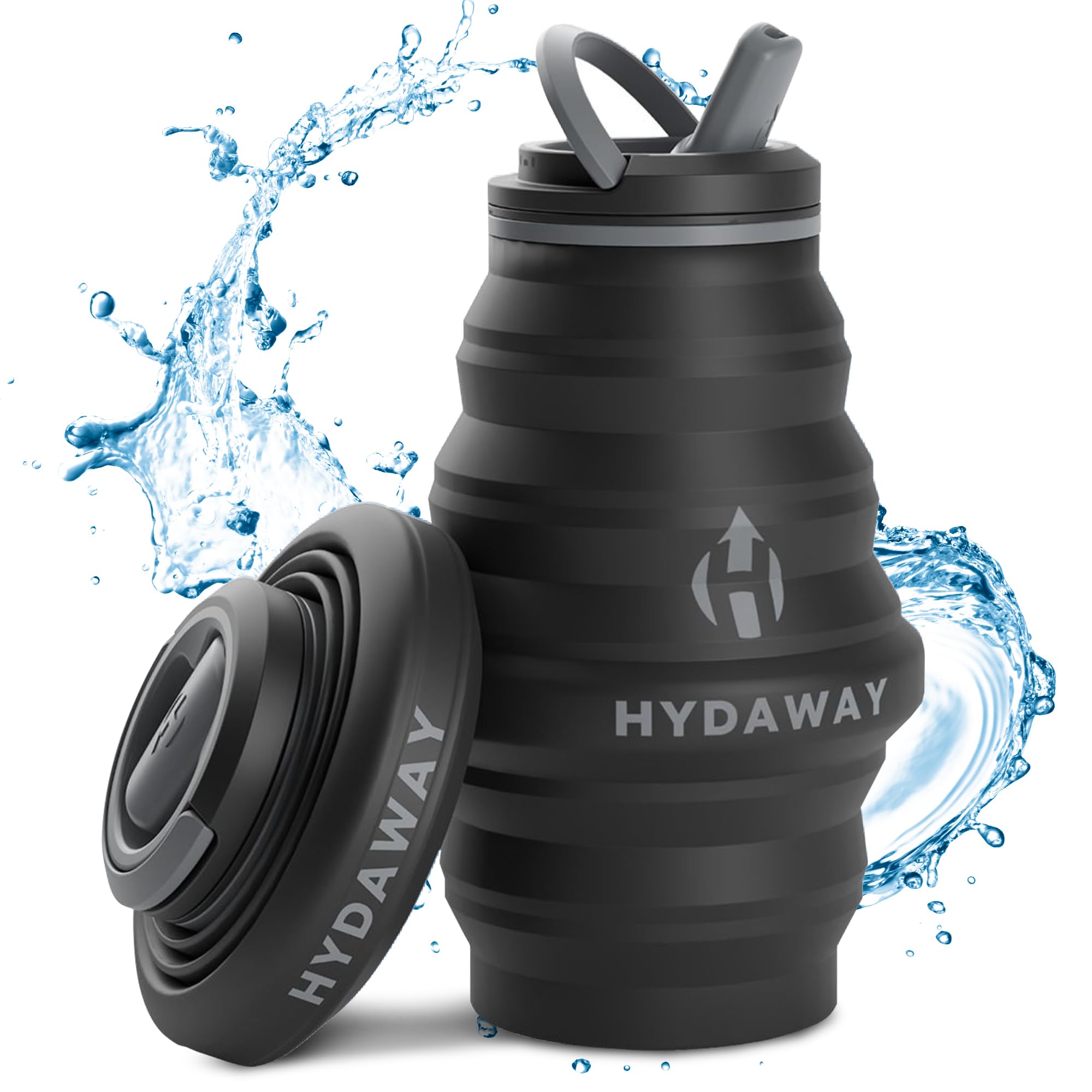 HYDAWAY Collapsible Water Bottle - 17oz  Midnight I Reusable Water Bottle with Flip Top Lid for Travel  Hiking  Backpacking I Portable & Leakproof  Food-Grade Silicone  BPA Free  Collapse to 1.5