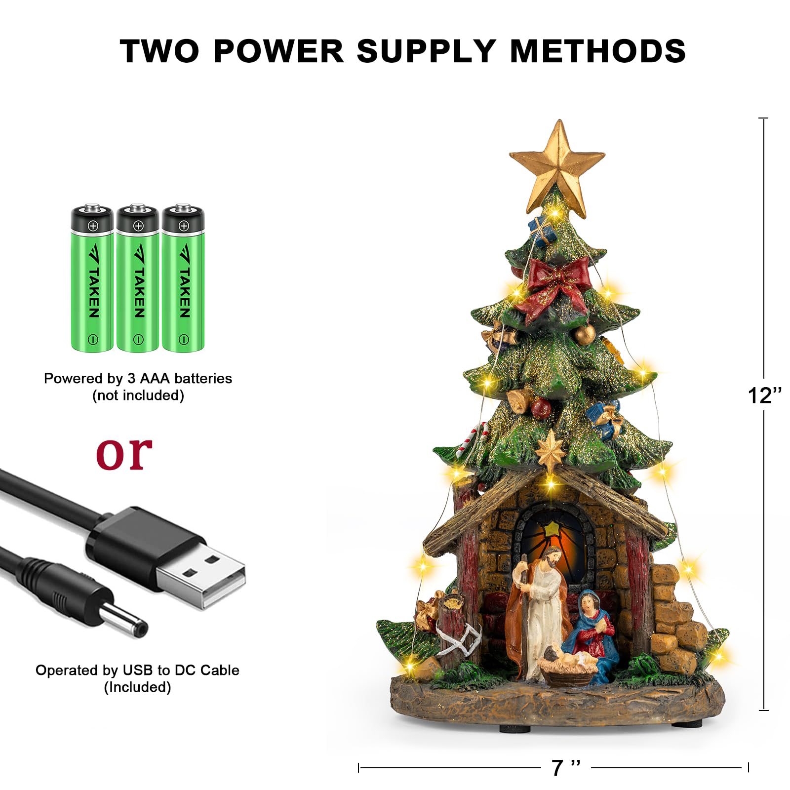 VISFLAIR 12'' Christmas Tree Lighted Manger Nativity Scene, Musical Holy Family Figurines LED Light Play Silent Night Music, Bat