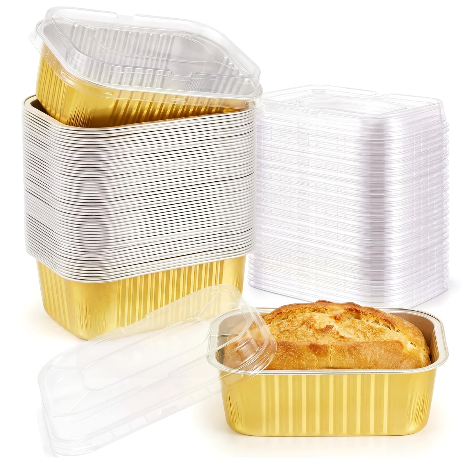 Ferrochef 50 Pack Mini Loaf Pans with Lids, 6x3.5x2 1lb Cake Pans with Lids