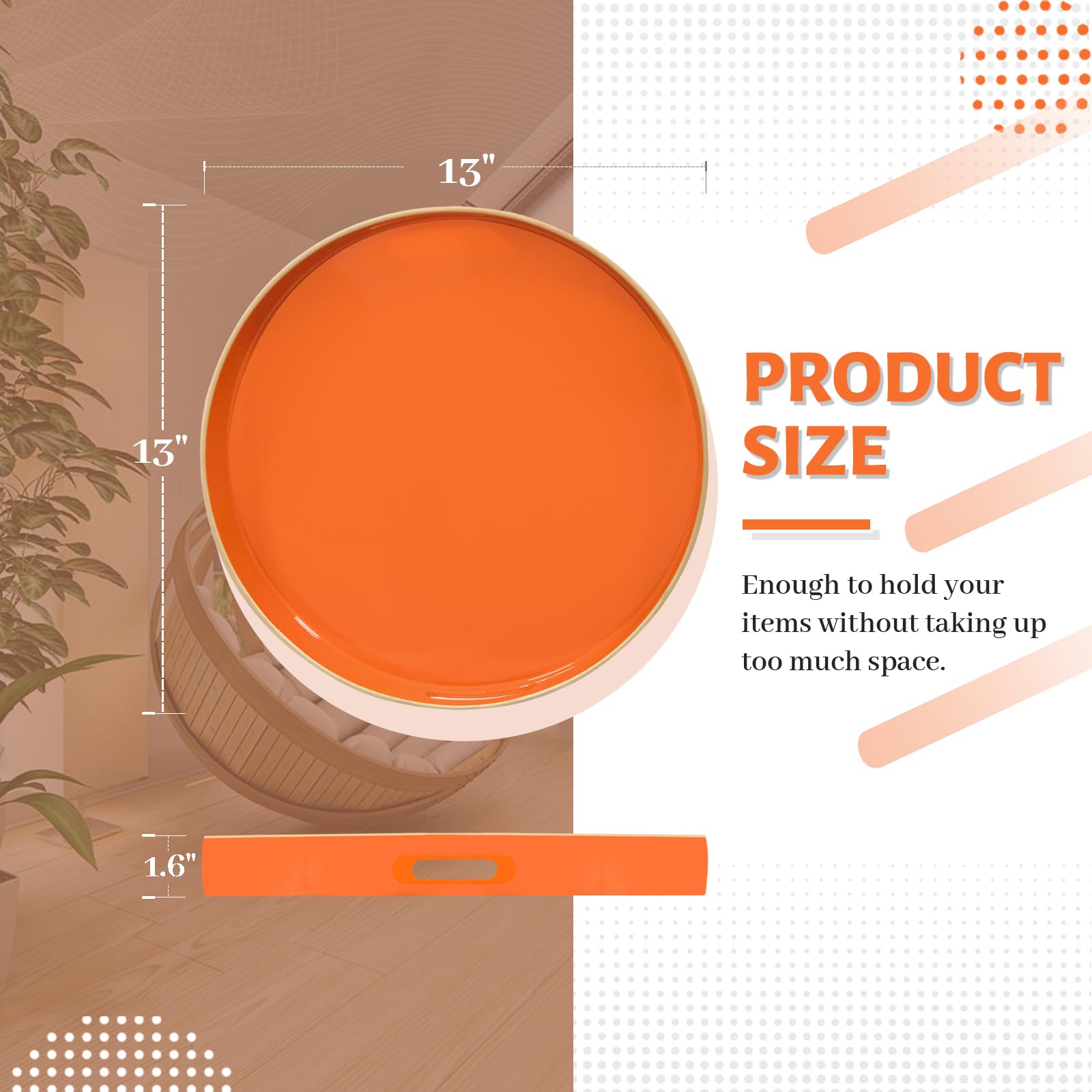 Maoname 13'' Round Tray, Orange Serving Tray With Handles, Modern Decorative Tray For Coffee Table, Plastic Ottoman Tray For Ott