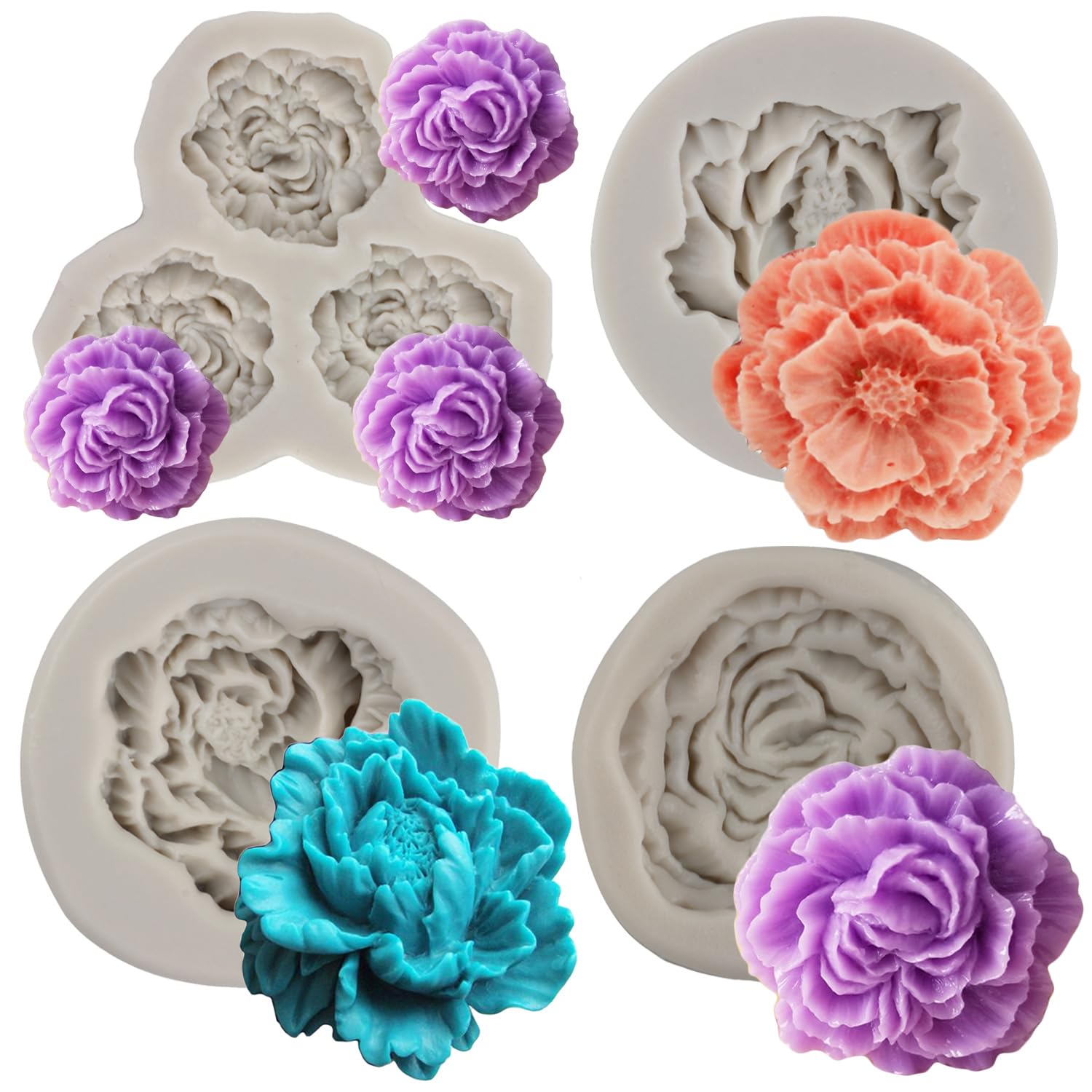 Sijiangmold Peony Flower Silicone Fondant Mold For Cupcake Topper Cake Decorating Chocolate Candy Craft Gum Paste Set Of 4