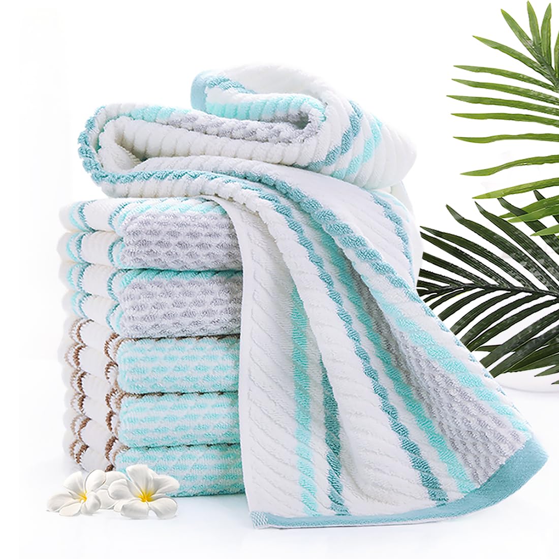 Pidada Hand Towels Set of 4 Striped Pattern 100% Cotton Soft Absorbent Decorative Towel for Bathroom 13.4 x 29.5 Inch (Green)