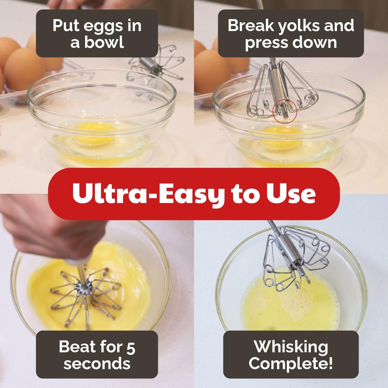 Cooks Innovations Stainless Steel Semi-Automatic Egg Whisk - Push-Down Rotary Egg Beater For Whisking, Frothing, And Mixing (14