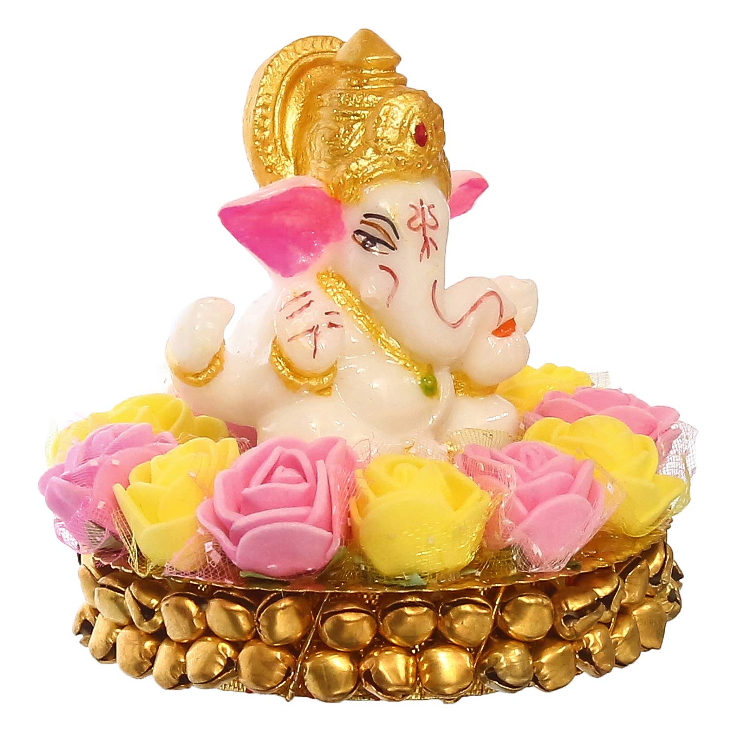 eCraftIndia Lord Ganesha Idol on Decorative Handcrafted Plate with Pink and Yellow Flowers