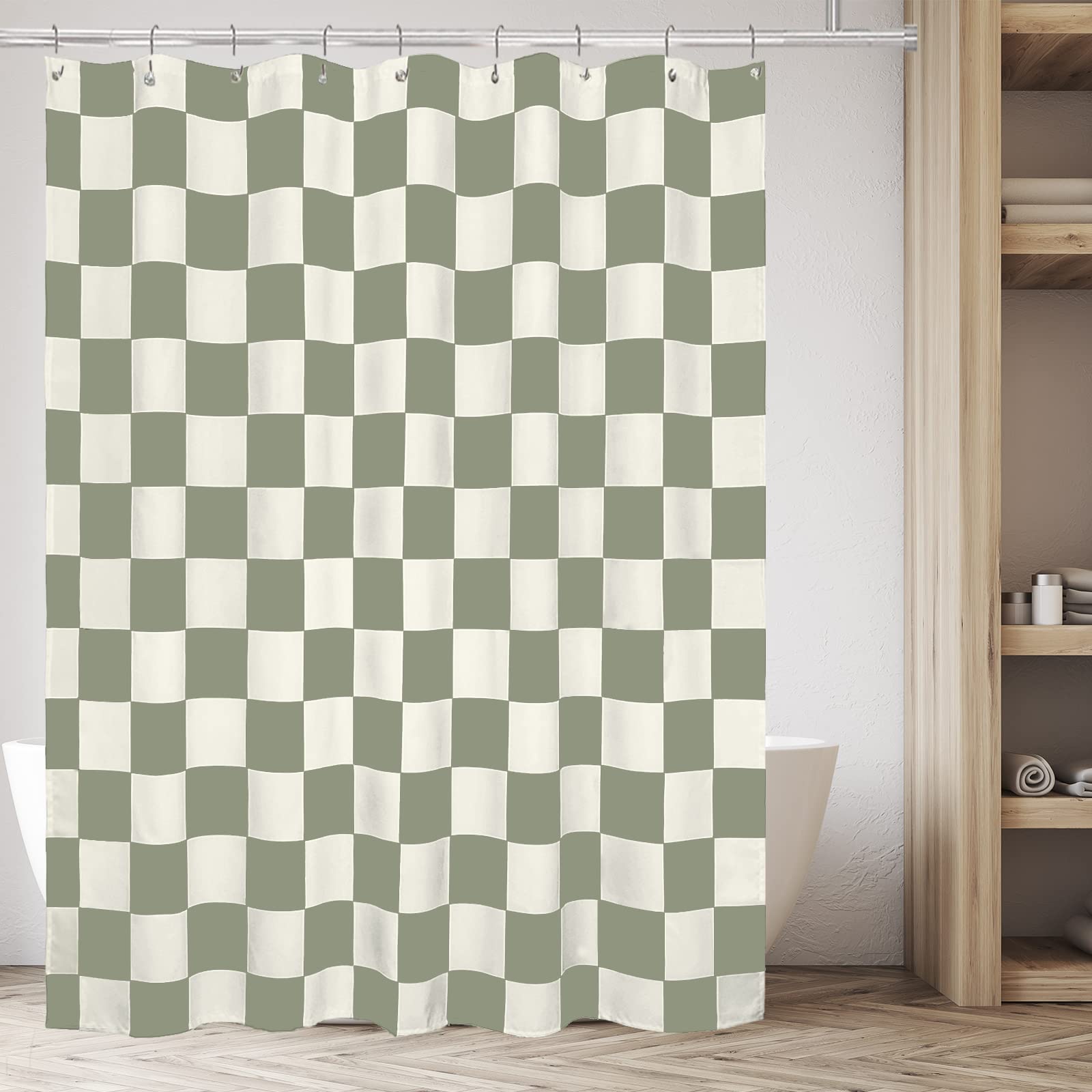 Tititex Aesthetic Checkerboard Grid Pattern Shower Curtain, Beige Sage Green Modern Shower Curtain Sets Decoration 71X71 Inch Wi