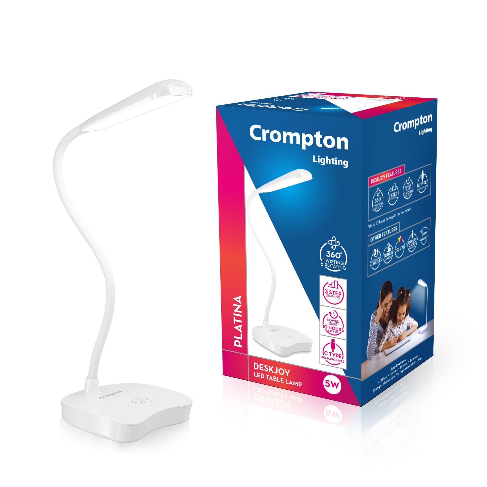 Crompton Deskjoy 5W Rechargeable Led Table Lamp |3 Step Dimming |Adjustable Desk Lamp For Study | LiIon Battery, Abs, White (Pa