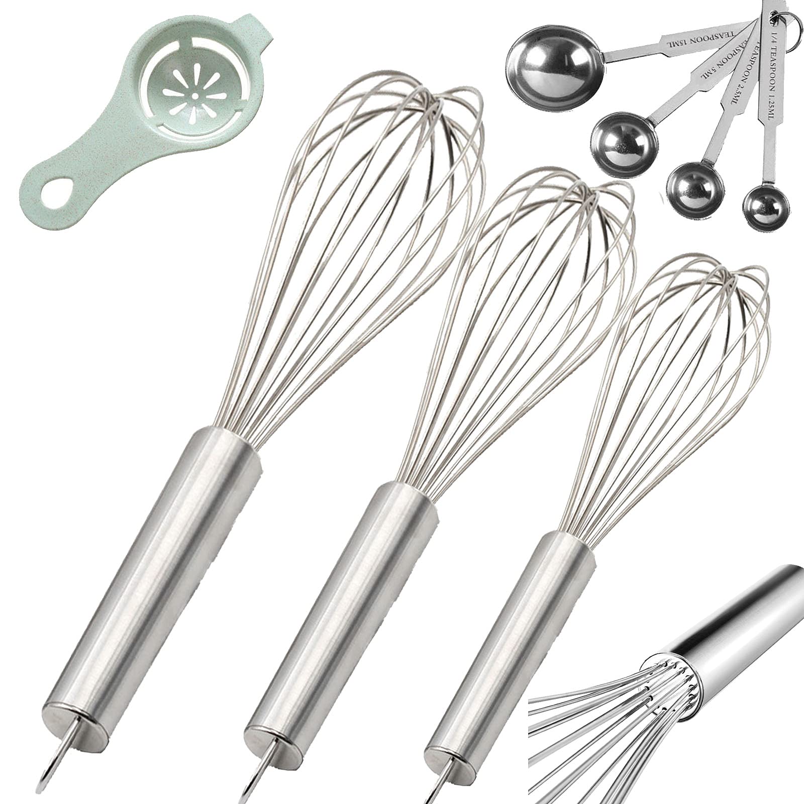 Stainless Steel Whisk, Whisk Set With Measuring Spoon And 8''+10''+12'' Wire Whisk For Cooking Blending, Beating, Stirring, Baki