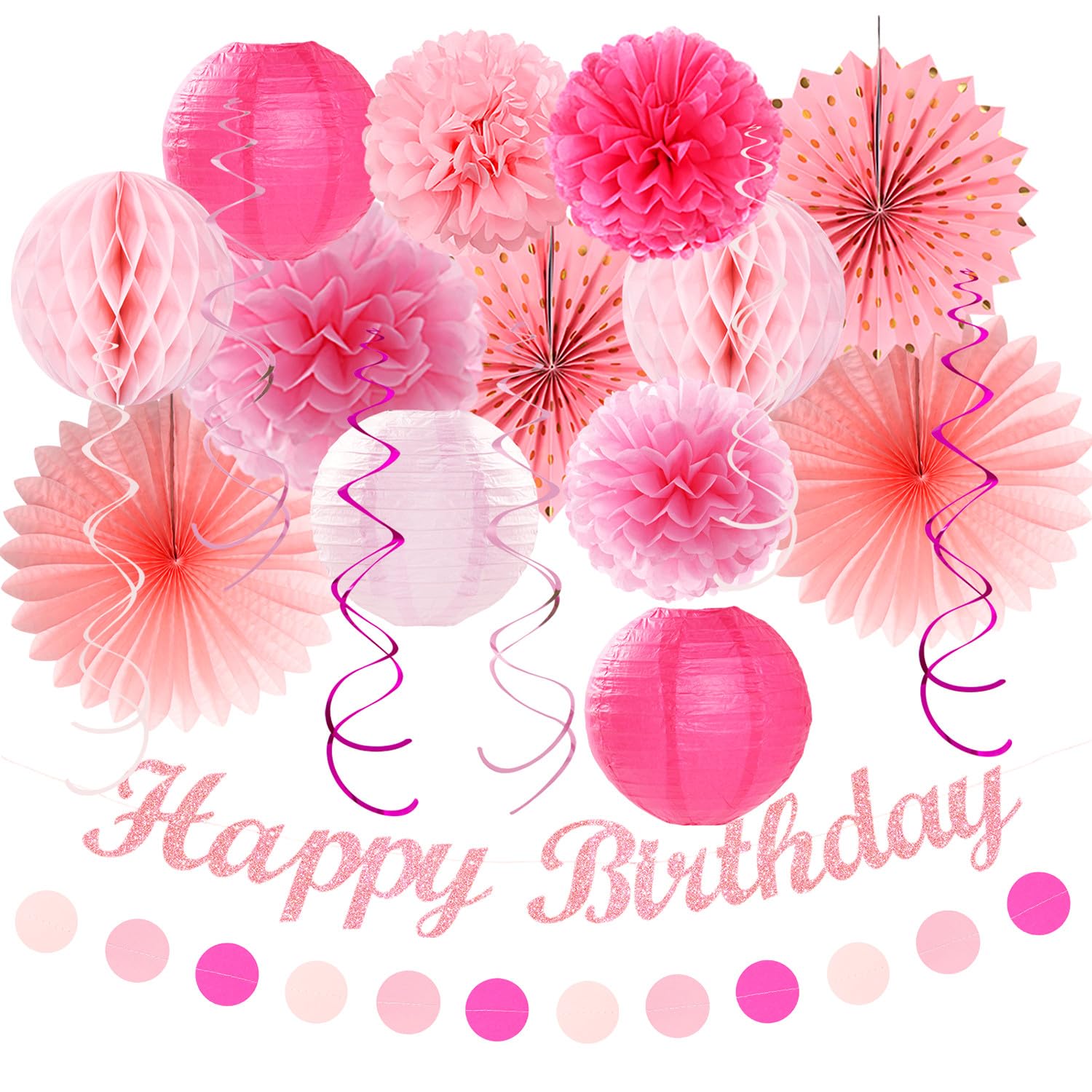 Light Hot Pink Birthday Party-Decorations - 21Pcs Girl Happy Banner,Paper Lanterns Honeycomb,Tissue Pom Poms Flower Fan,Hanging