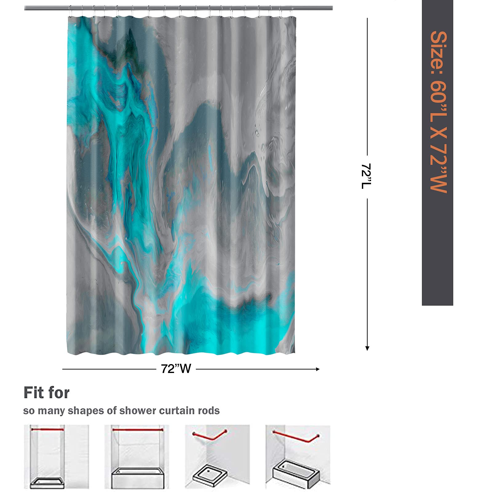 Yaehoco Abstract Rich And Colorful Fabric Shower Curtain | Main Colors: Aqua, Grey, Blue,Teal | Waterproof Shower Curtains With