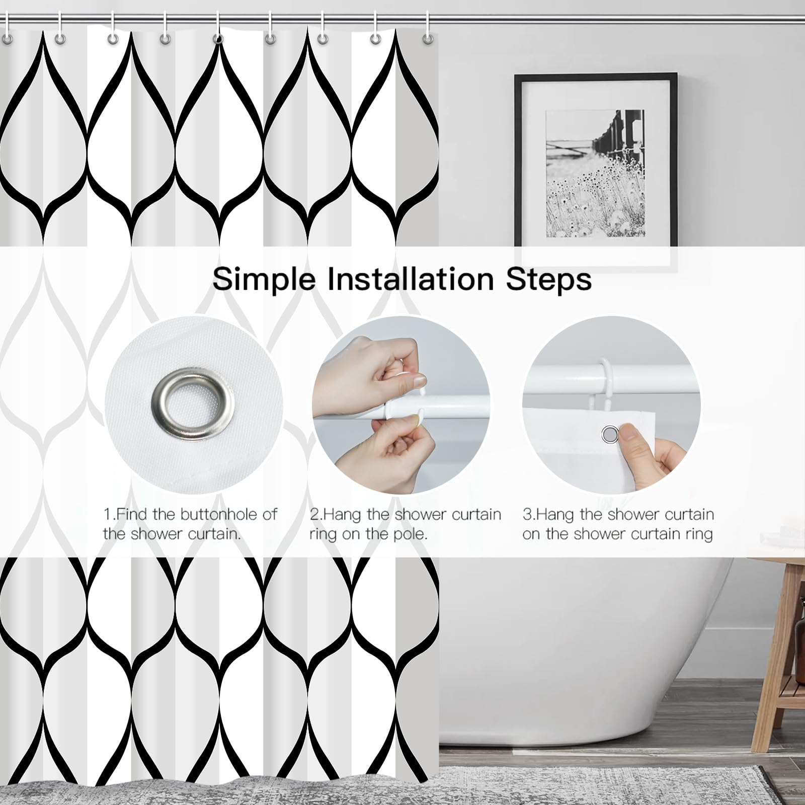 Gelbchu White Grey Fabric 72 x 72 Inch Cloth Shower Curtain  Waterproof Design and Polyester  Quick-Drying  Heavy Duty Shower Curtains Set for Bathroom  Durable and Washable with 12 Metal Hooks