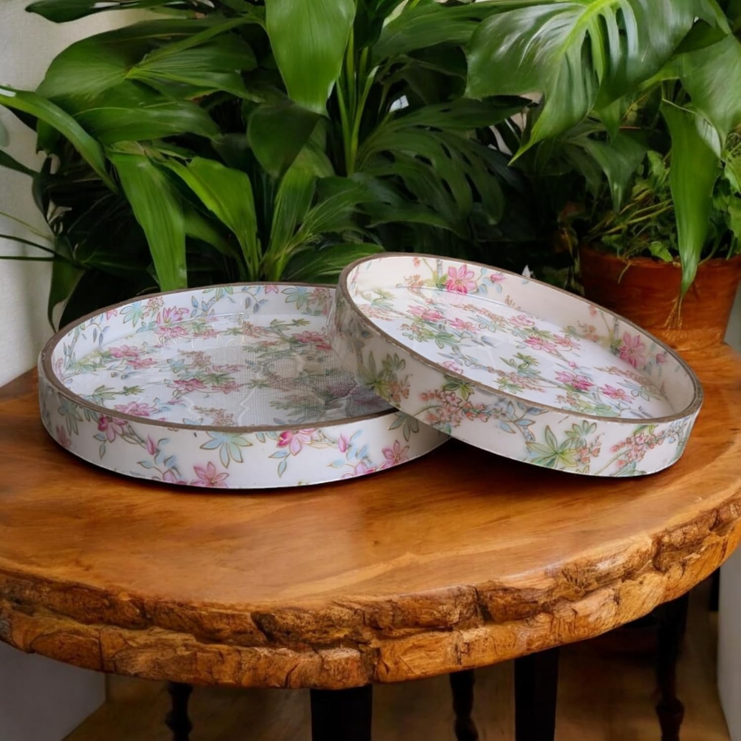 Jain Art Villa Mdf Round Wooden Serving Tray | Pack Of 2 | Enamel Finished Trays  Size : 9X9, 7X7 Inches | Handcrafted Wooden T