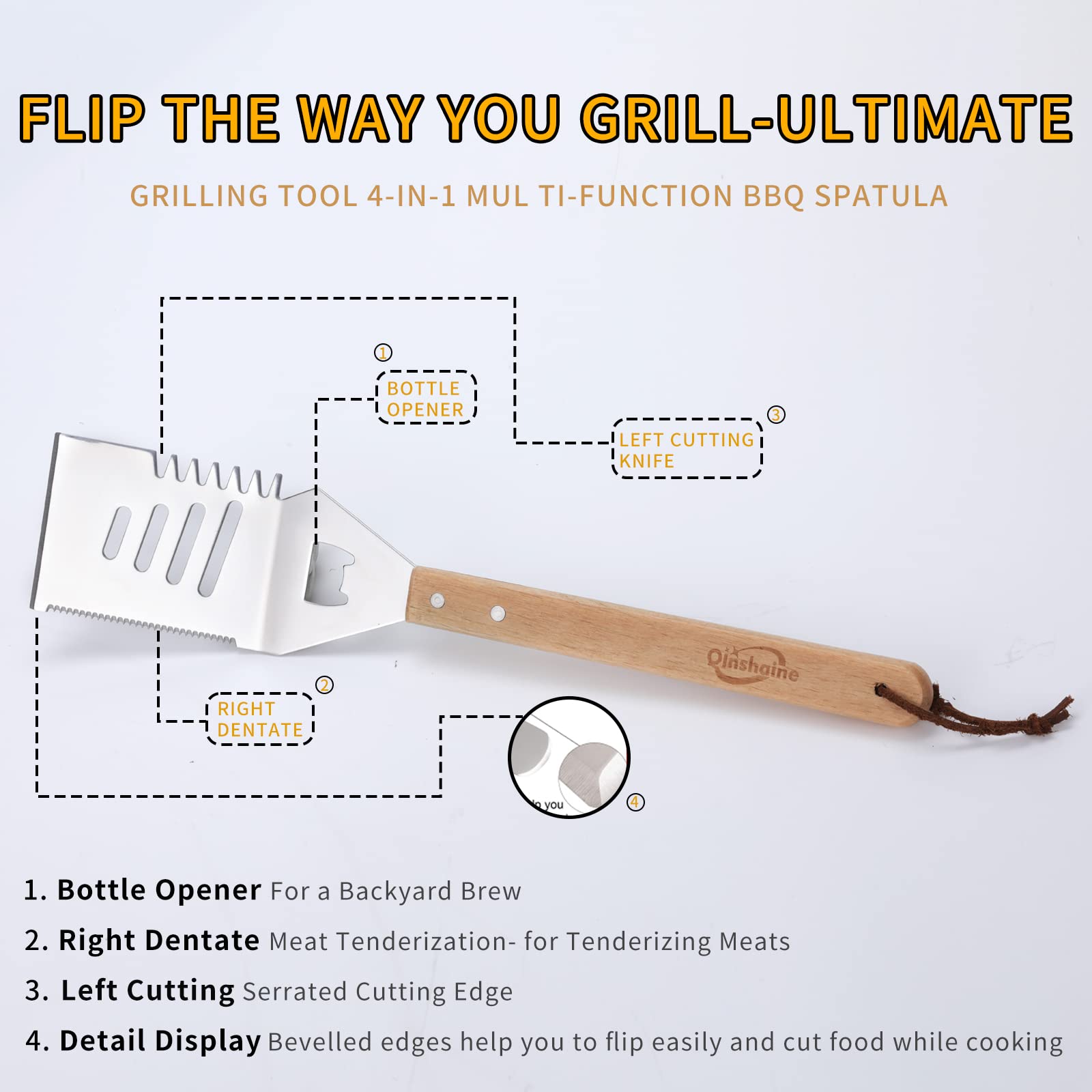 Qinshaine 4-in-1 BBQ Spatula  Multifunction Grill Spatula with Wooden Handle  perfect for BBQ grills and kebabs for camping picnics.