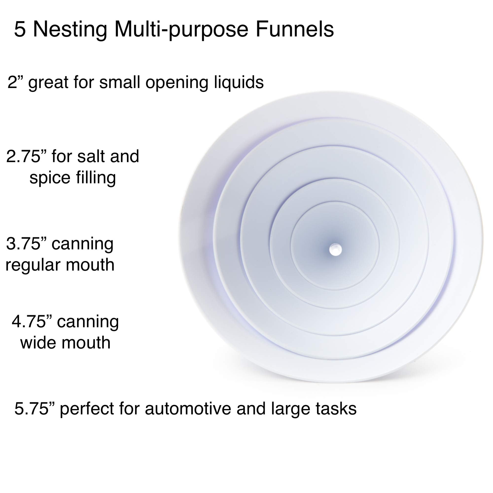 Fox Run All Purpose Plastic Funnel, Set Of 5, White, Mini, Small, Medium, Large