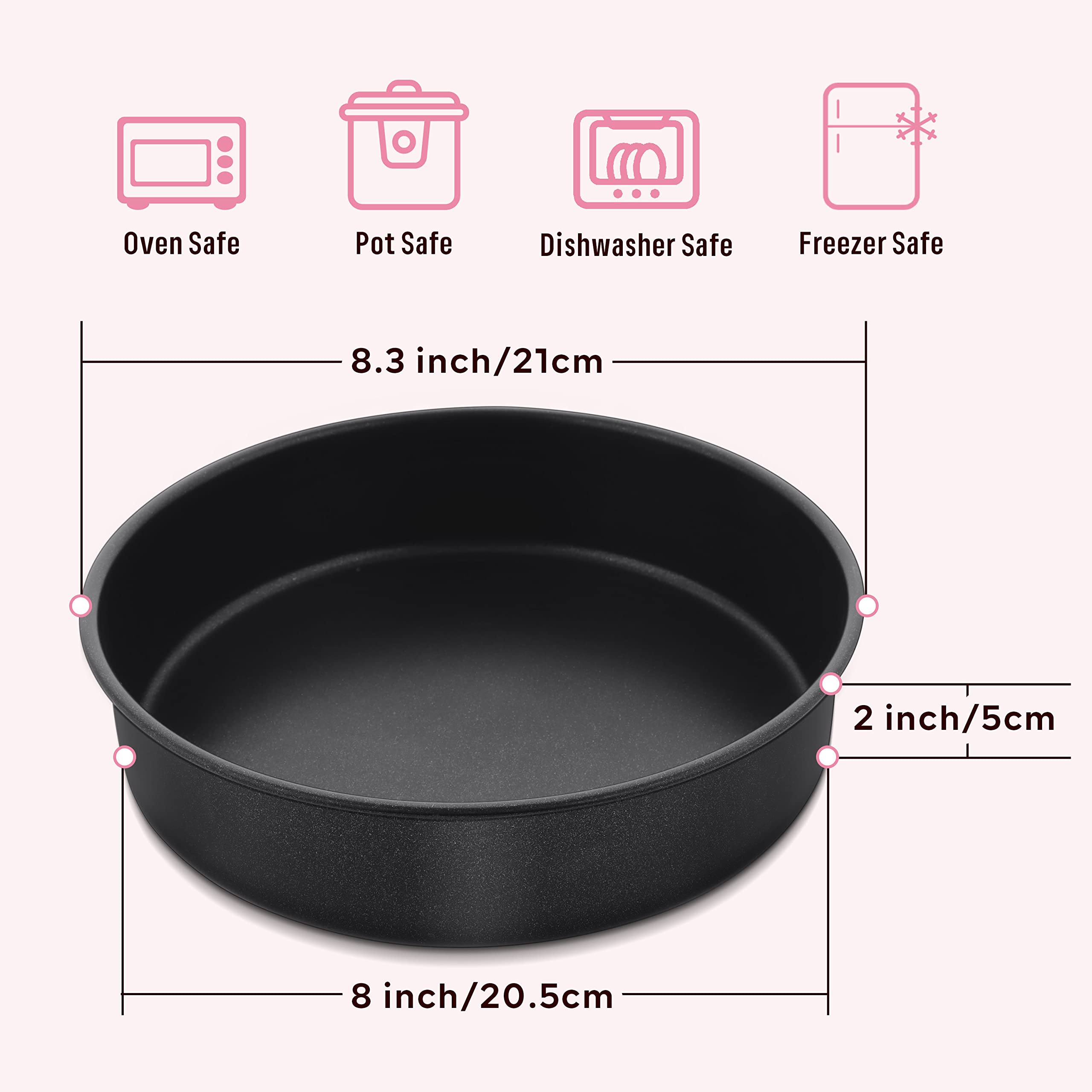 Herogo 8 Inch Round Cake Pan Set Of 3, Stainless Steel Black Nonstick Round Baking Pan, Birthday Wedding Layer Cake Pan, Non Tox