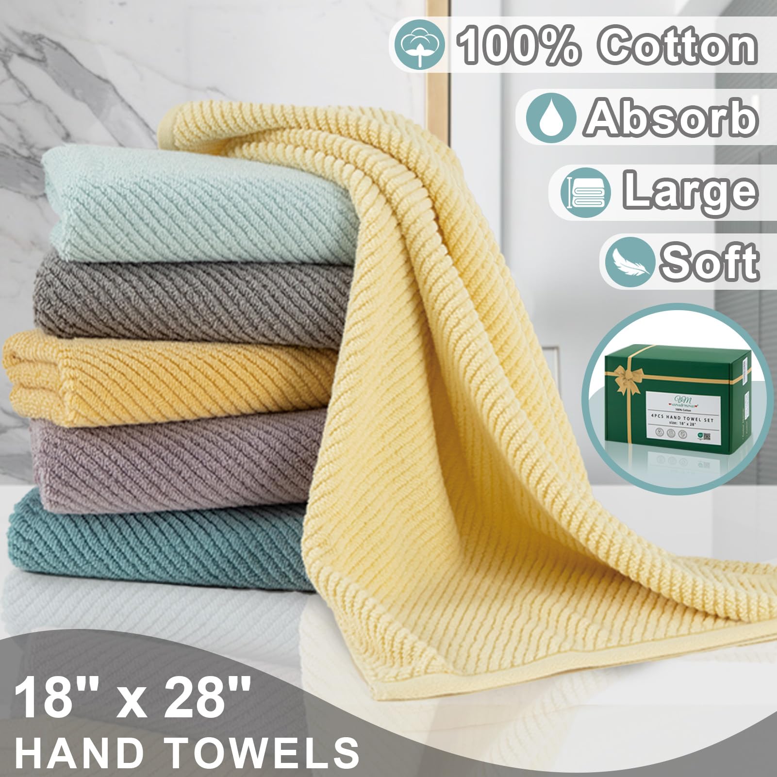Voova & Movas Bathroom Hand Towels Set Of 4, Large 18'' X 28'' - Quick Dry | Lightweight | Soft | Fluffy | 100% Cotton | Absorpt