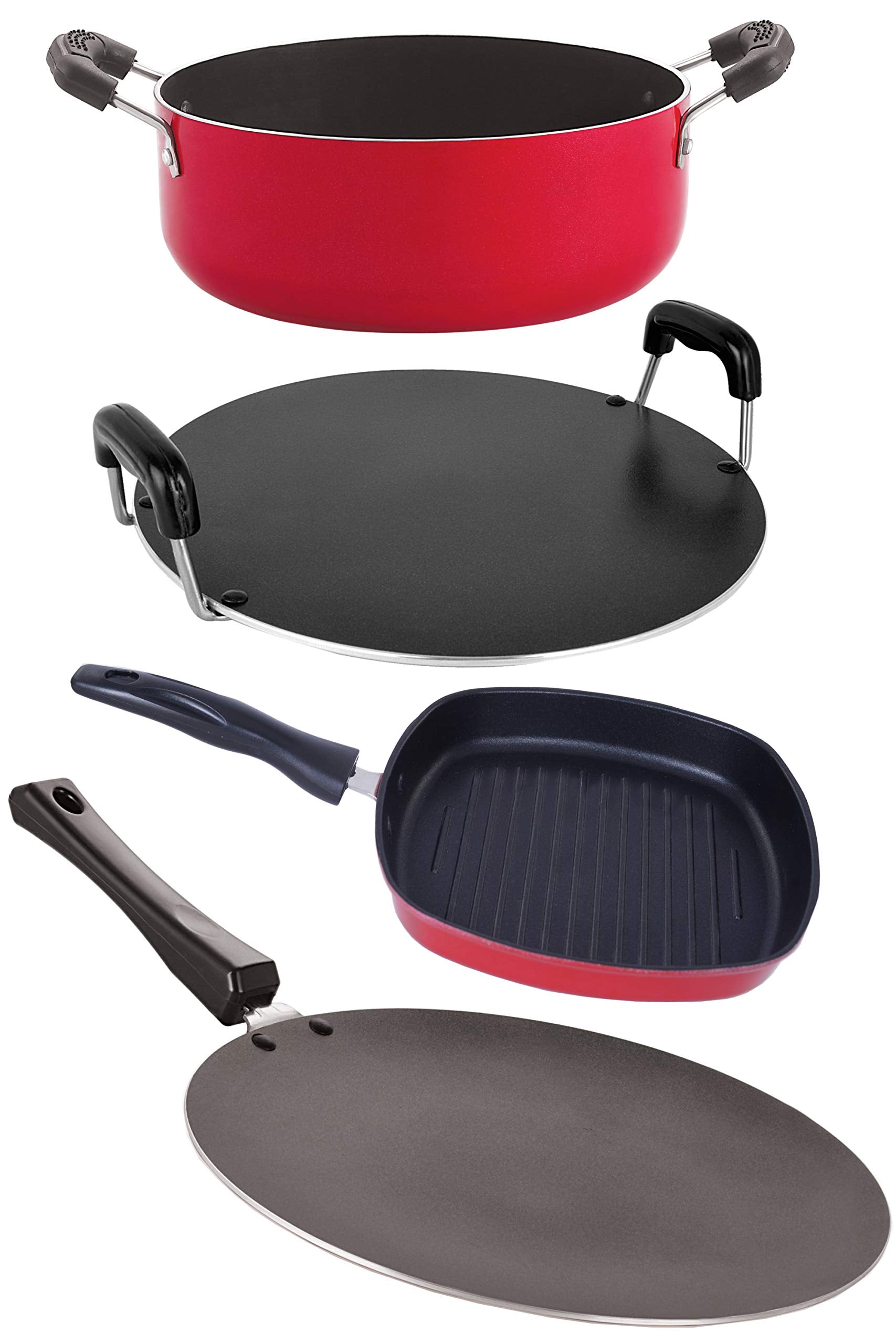 Nirlon Kitchen Non Stick Cookware Gift 4 Pieces Sets (1 Concave Tawa 27.5Cm /1 Round Tawa 28.5Cm/1 Grill Pan 24.5Cm/1 Casserole 
