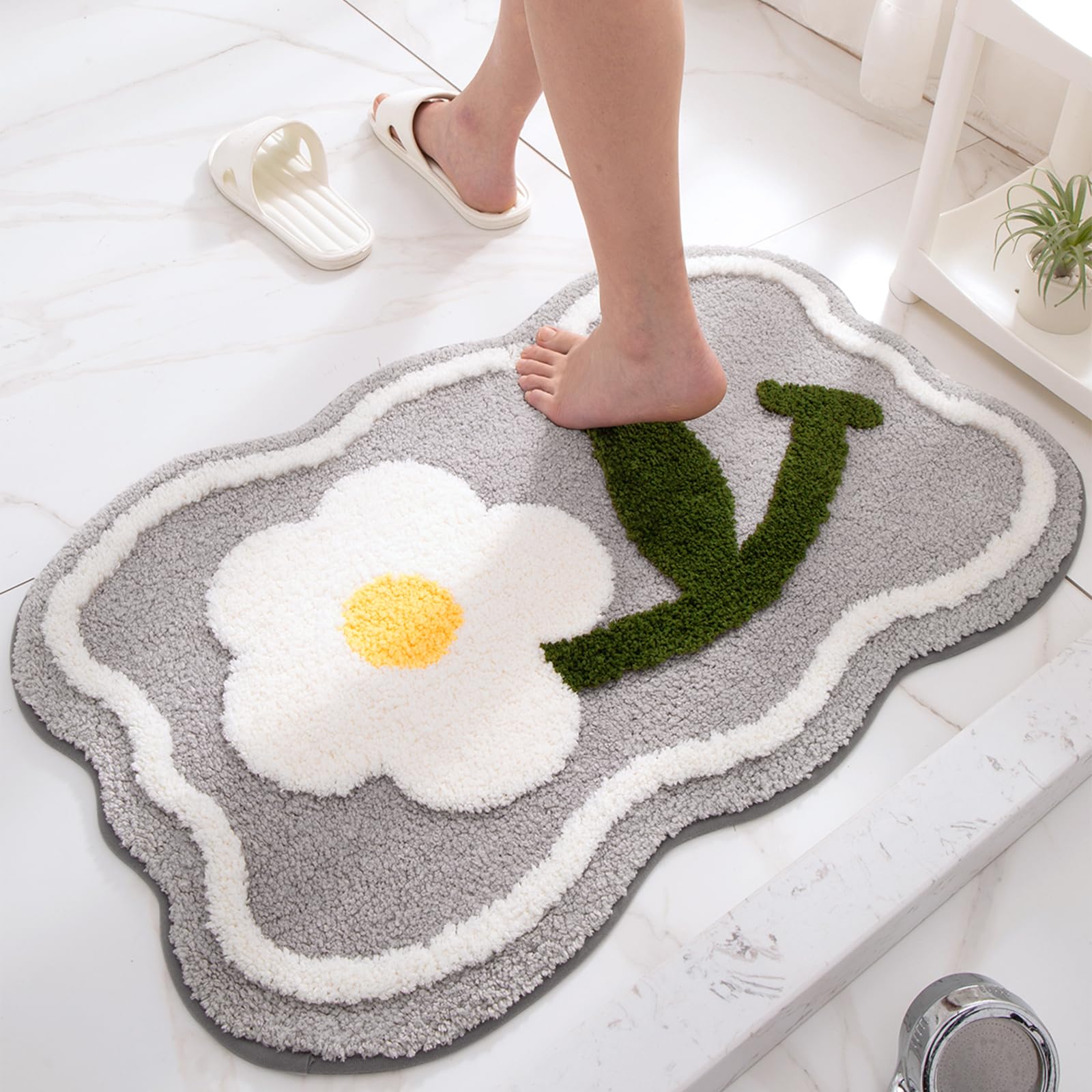 Ptaexcel Cute Bath Mat, Extra Soft Grey Bathroom Rugs, High Absorbent Flower Area Rug, Non Slip Machine Washable Bathroom Mat, G