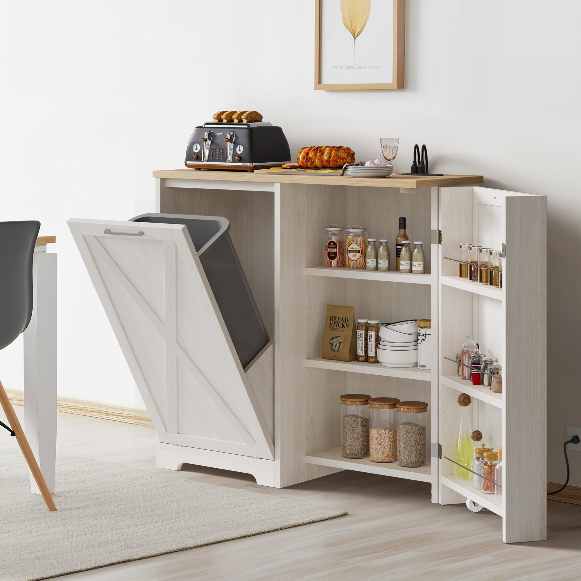 Dwvo Tilt Out Trash Can Cabinet, Cabinet Trash Can Garbage Can Cabinet With Power Outlet/Adjustable Shelves, Trash Bin Cabinet T