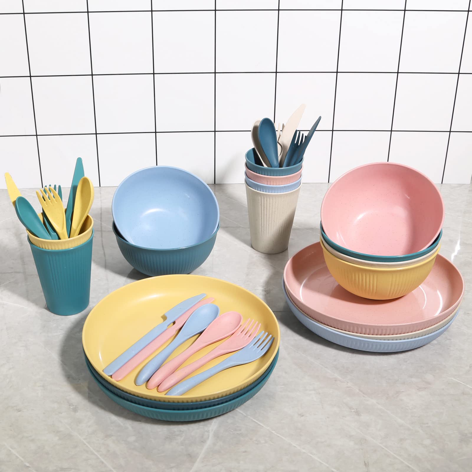 Wheat Straw Dinnerware Sets -DAPIPIK 36 Piece Unbreakable Dinnerware Sets for 6, Wheat Straw Plates and Bowls Set, Lightweight C