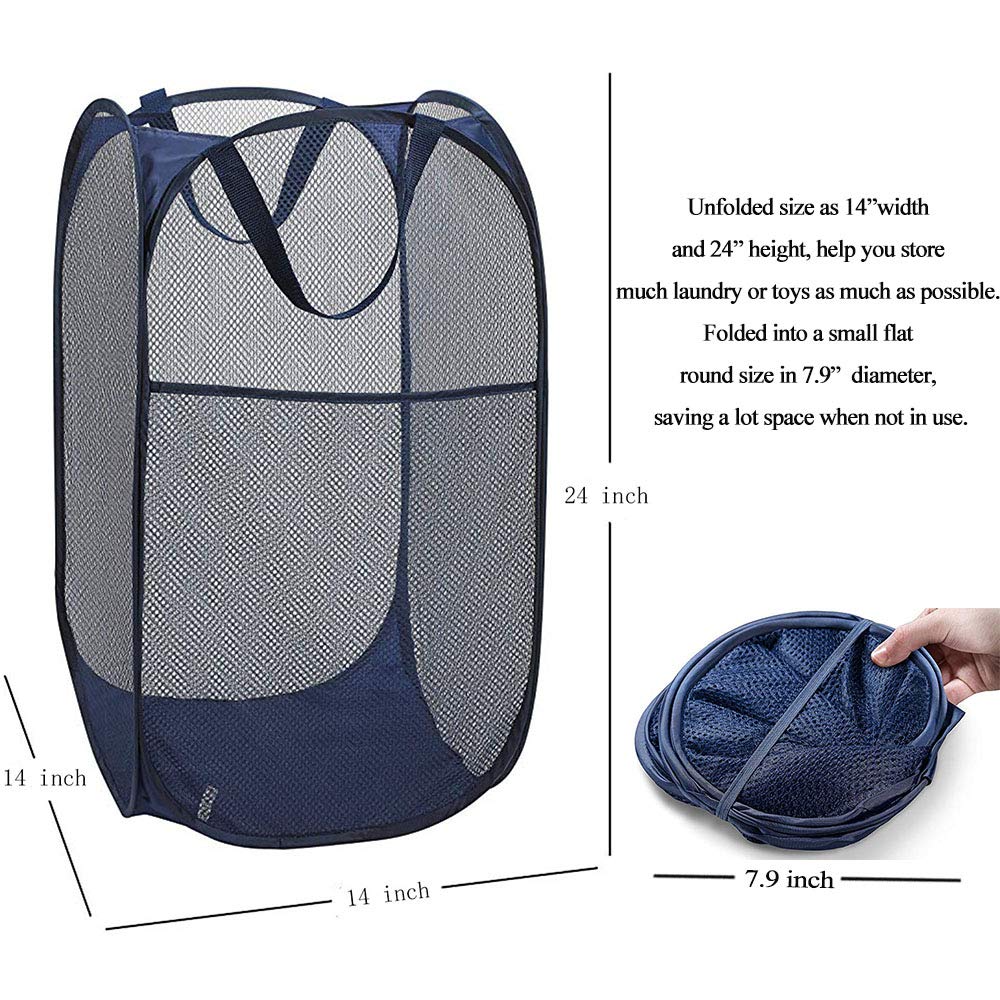 Larpur Popup Mesh Laundry Basket  Collapsible and Portable Clothes Washing Laundry Hamper with Reinforced Carry Handle (Blue*2)