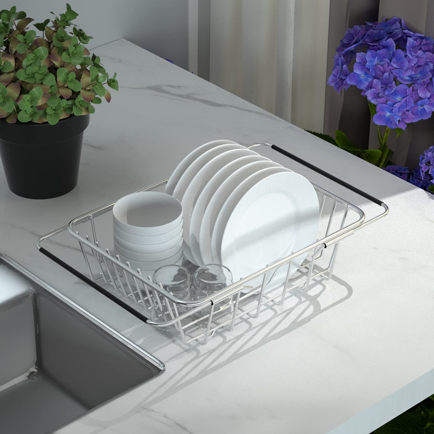 Jingways Stainless Steel Dish Rack,Expandable Deep & Large Dish Drying Rack, Over The Sink, In Sink Or On Counter Dish Drainer,