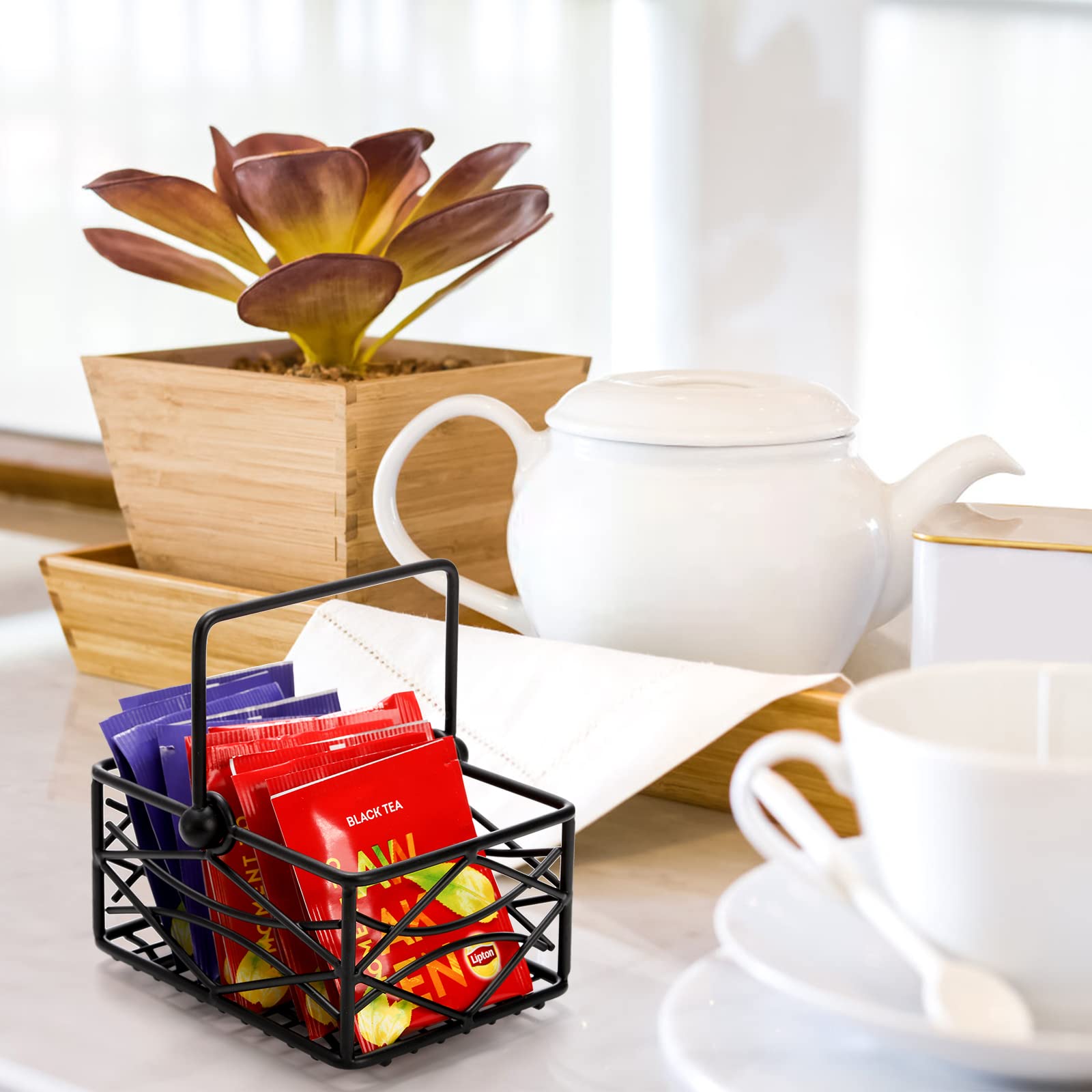 Yarlung 2 Pack Sugar Packet Basket Metal Wire Tea Bag Holder With Removable Stylish Handle, 4.7X3.5X2.5 Inches Coffee Bar Packet