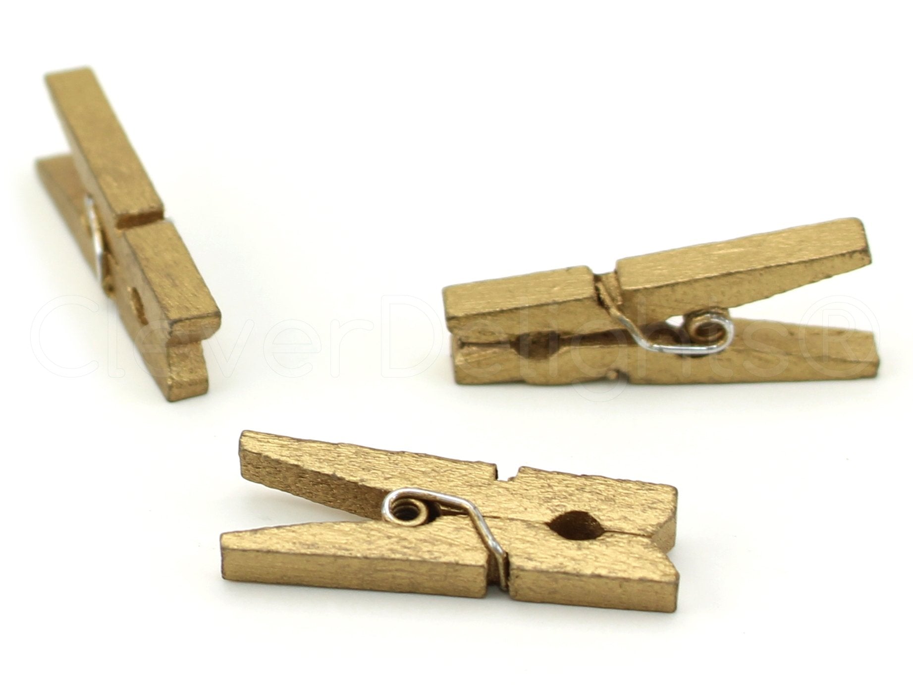 Cleverdelights 1 1/8'' Mini Wood Clothespins - Metallic Gold - 100 Pack