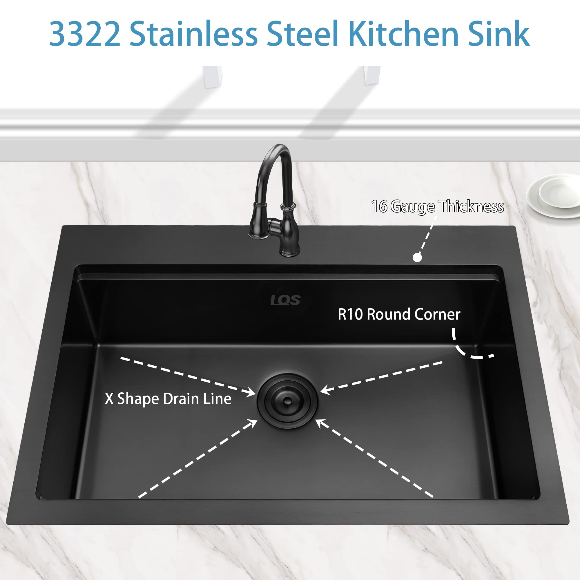 Lqs Kitchen Sink, Workstation Kitchen Sink, 33    X 22    Drop In Kitchen Sink, Black Single Bowl Kitchen Sink With Accessories,