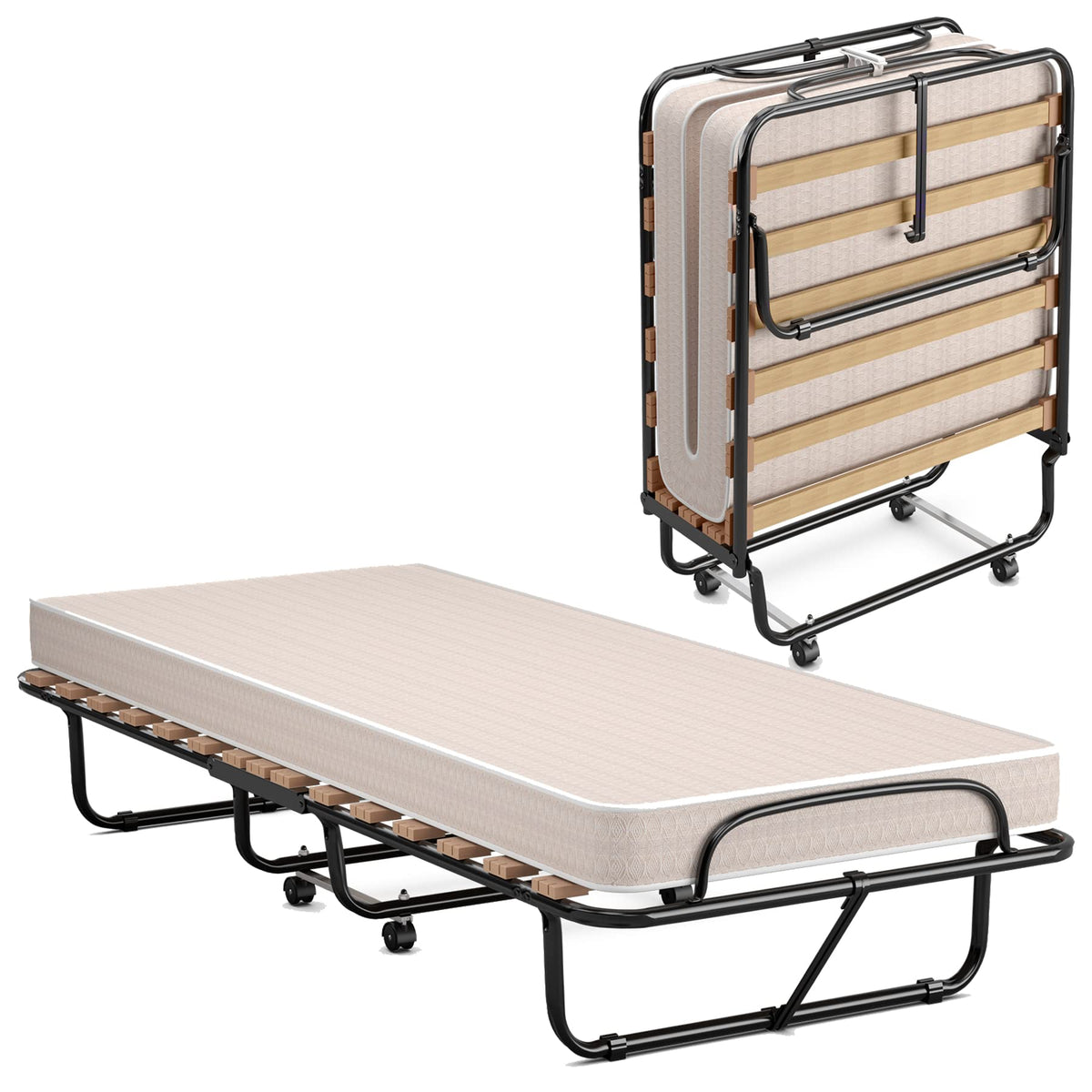Komfott Folding Rollaway Bed With 4'' Mattress, Foldable Rollaway Bed With Memory Foam Mattress For Adults, Portable Fold Up Gue