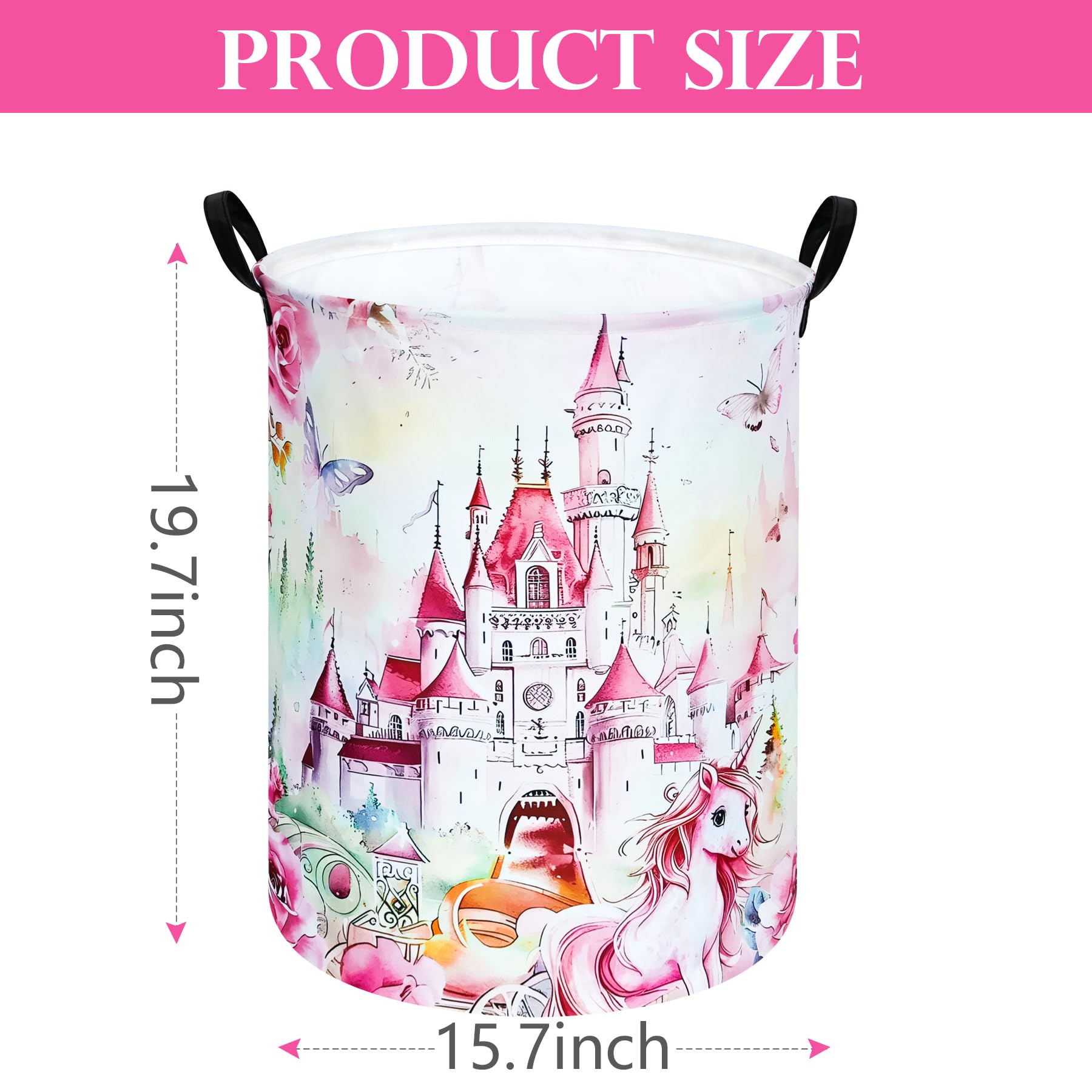 Huayee 19.7 Inch Pink Castle Pattern Girls Baby Laundry Basket Laundry Hamper Storage Basket Fabric Material Organization Basket