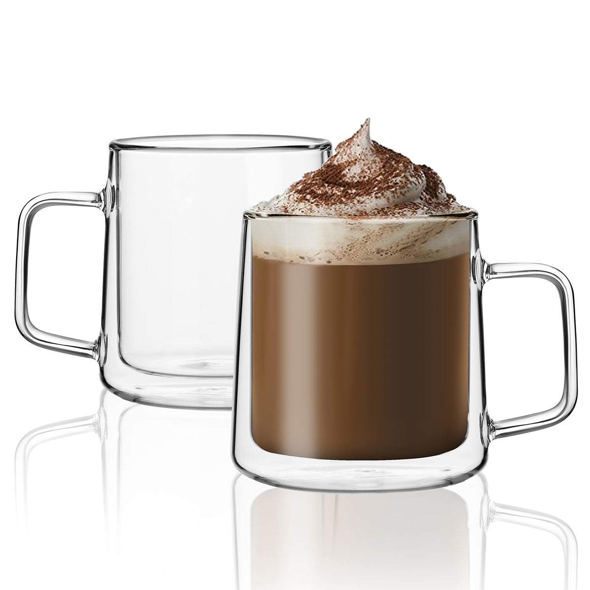 Cnglass 12Oz Glass Coffee Mugs,Double Wall Insulated Glass Cups With Handle,Clear Espresso Mugs For Latte,Cappuccino,Tea Bag,Set