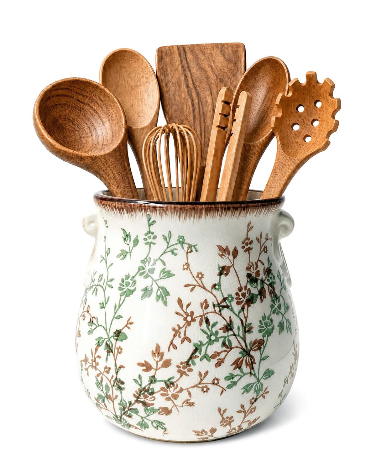 Ceramic Utensil Holder for Kitchen Counter, Large Vintage Utensil Crock