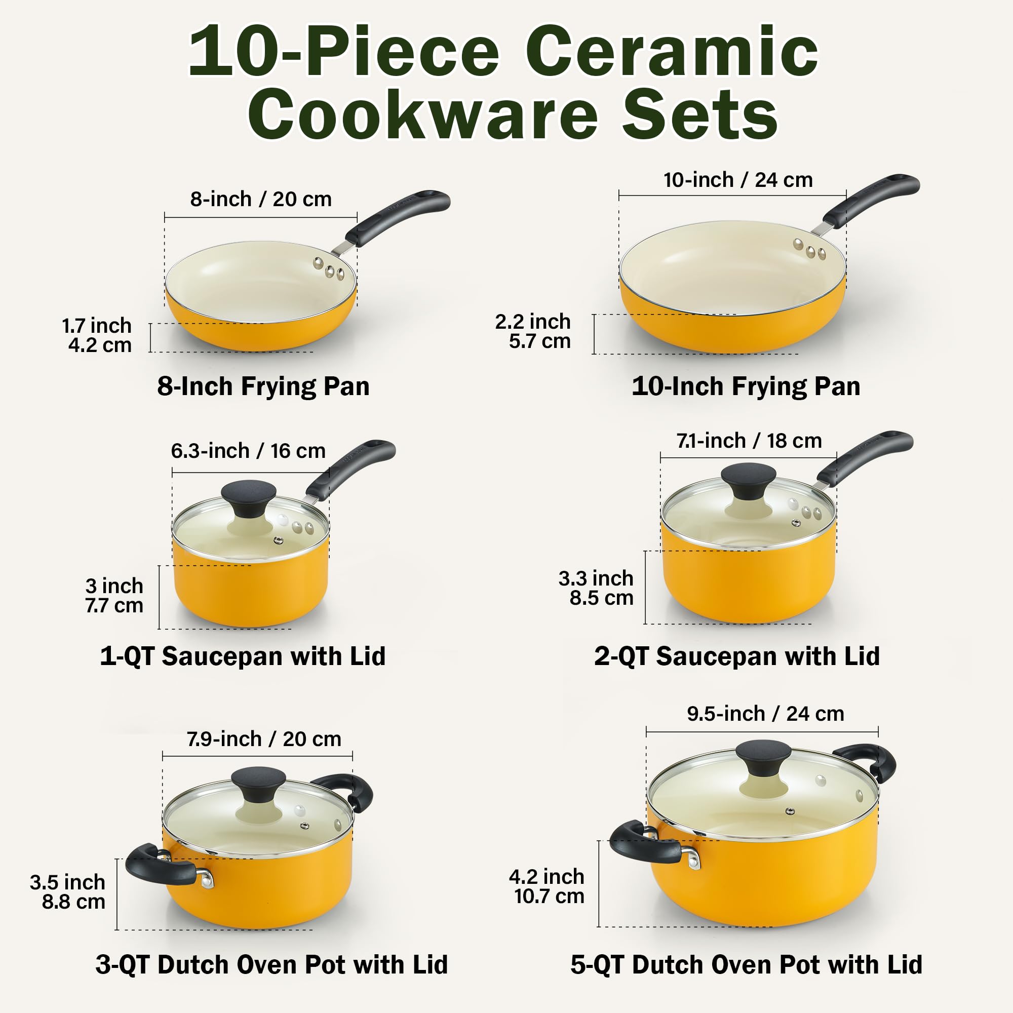 Cook N Home Pots and Pans Set Nonstick, 10-Piece Ceramic Kitchen Cookware Sets, Nonstick Cooking Set with Saucepans, Frying Pans