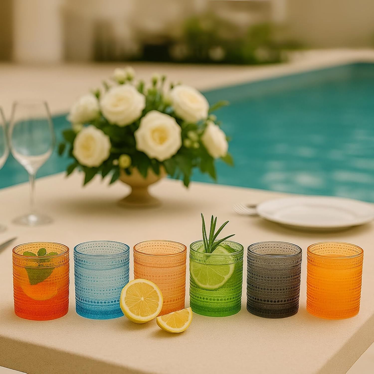 Khen Hobnail Acrylic Lowball Glasses – Retro-Inspired Set of 6 10 oz