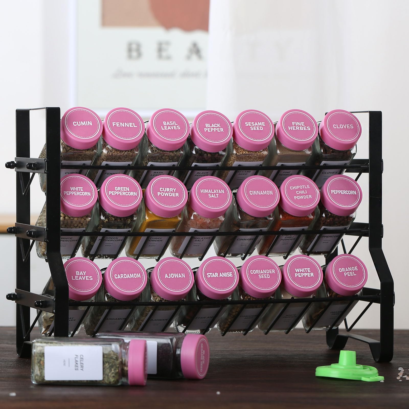 JARXSUN 24 Spice Jars with Labels-4oz Glass Spice Jars with Shaker Lids  3 Sets of Spice Labels 1 Collapsible Funnel  2 Erasable Markers (24  Deeppink)