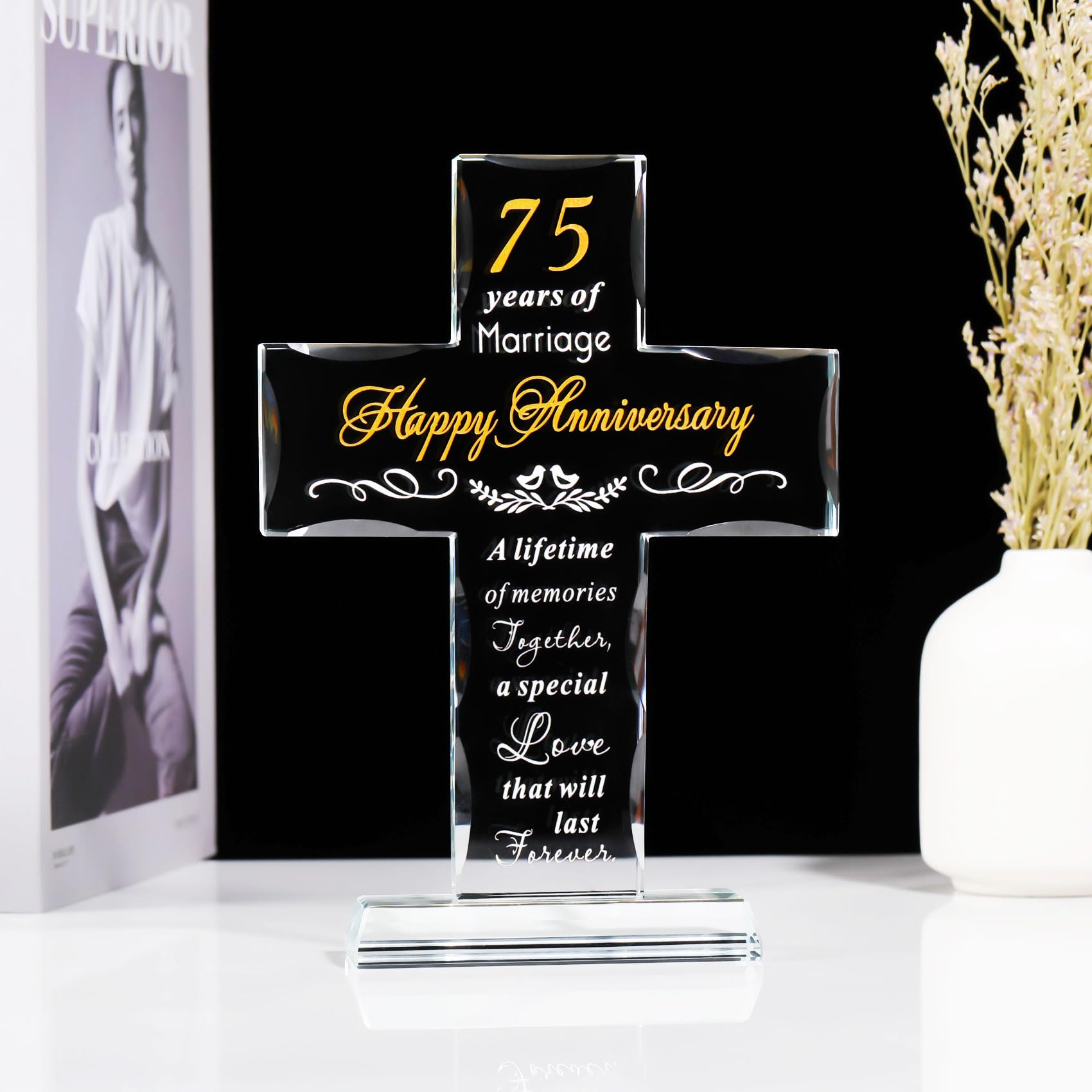 YWHL 75th Anniversary Cross Gifts for Parents Grandparents, Laser Carved 75 Years of Marriage Cross Decoration, 75 Years Wedding